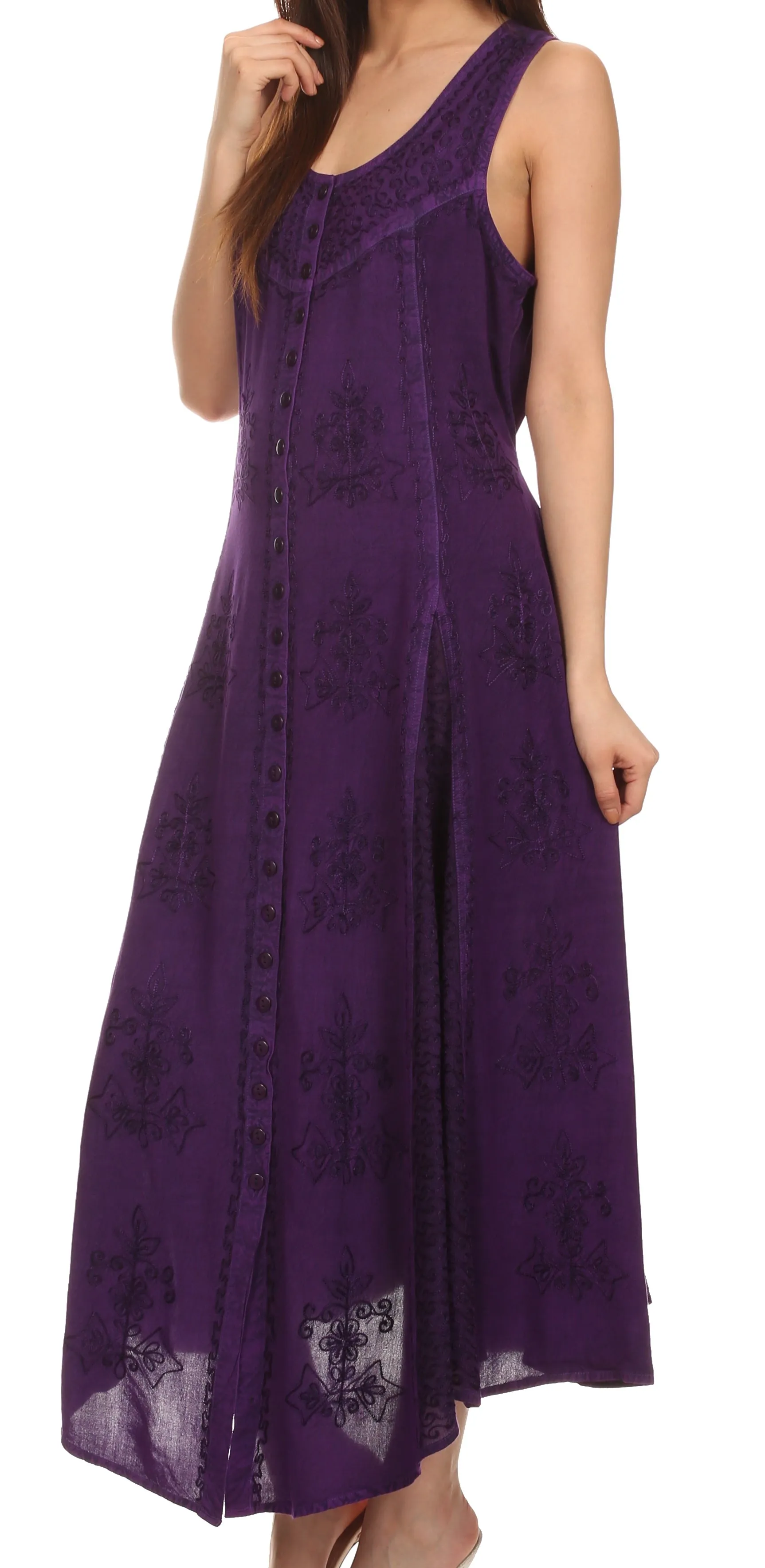 Sakkas Beverlee Embroidered Button Down Sleeveless Caftan Dress