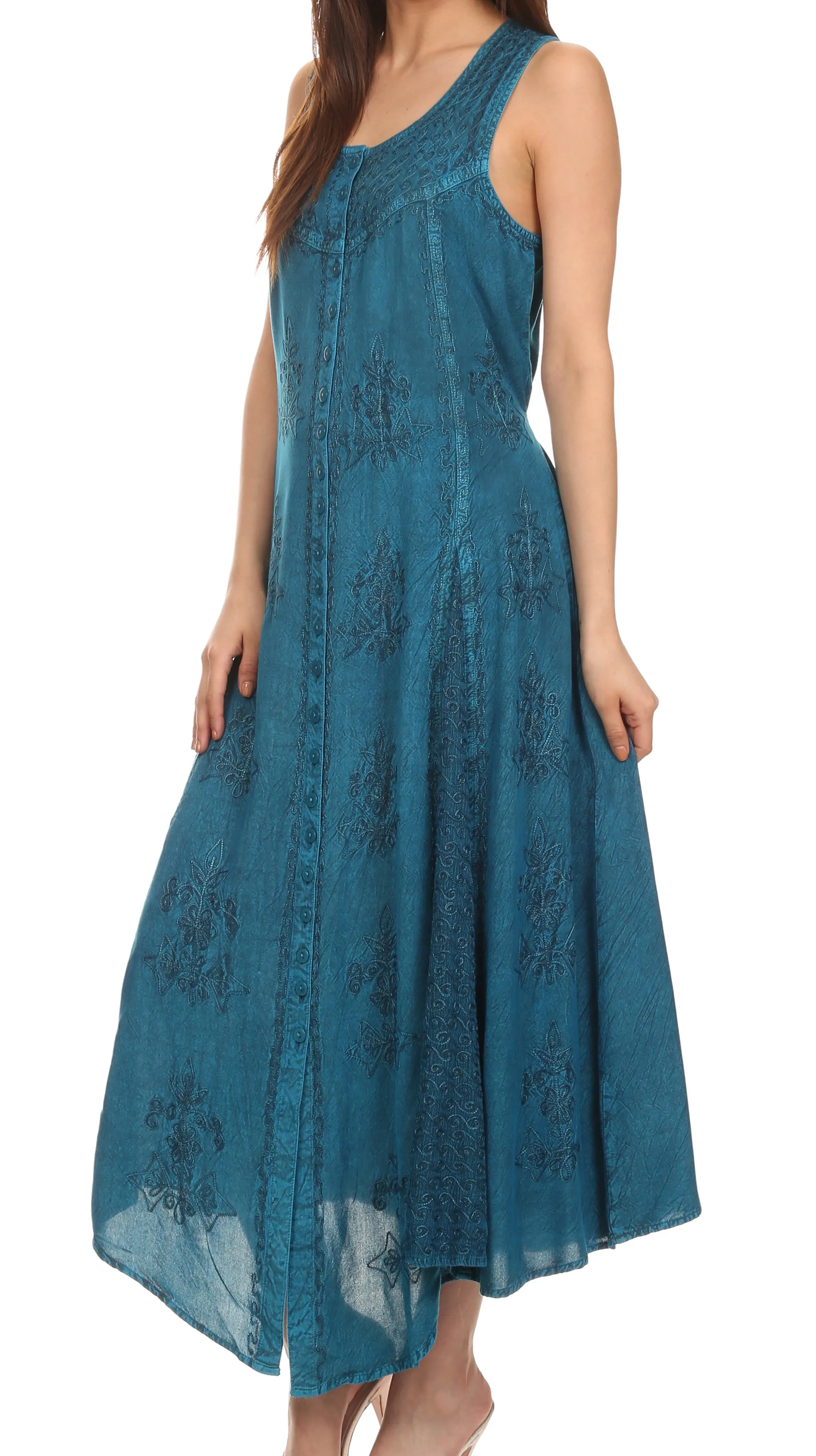 Sakkas Beverlee Embroidered Button Down Sleeveless Caftan Dress