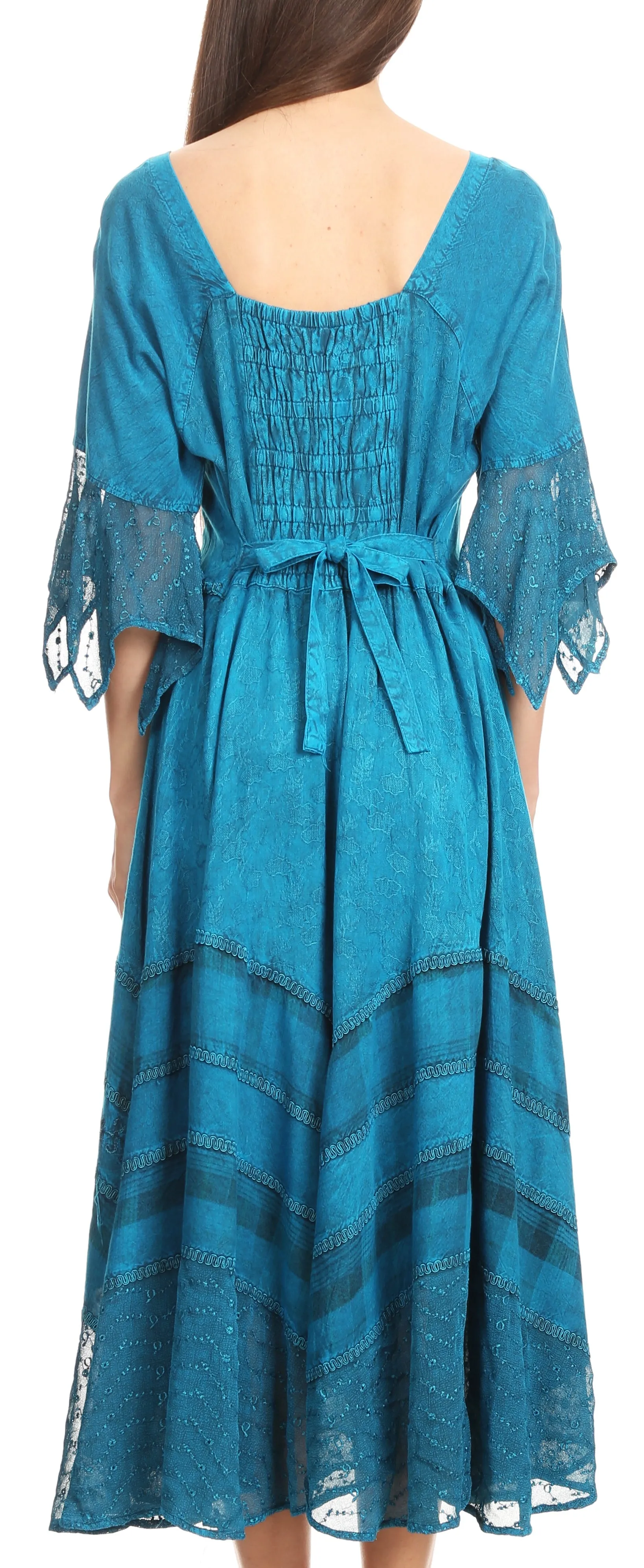 Sakkas Bexley Scoop Neck Bell Sleeve Bohemian Gypsy Embroidered Corset Dress