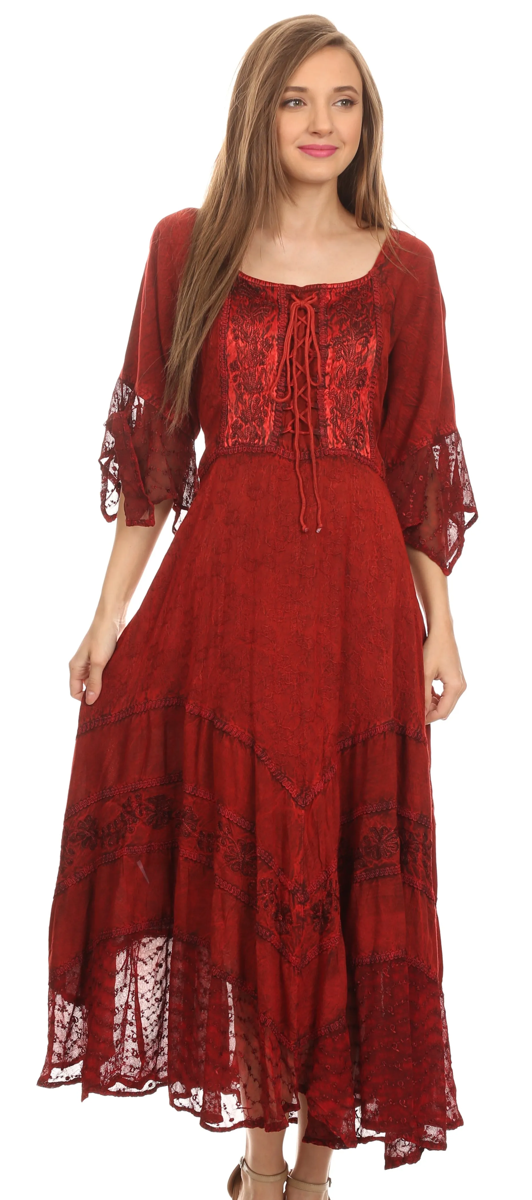 Sakkas Bexley Scoop Neck Bell Sleeve Bohemian Gypsy Embroidered Corset Dress