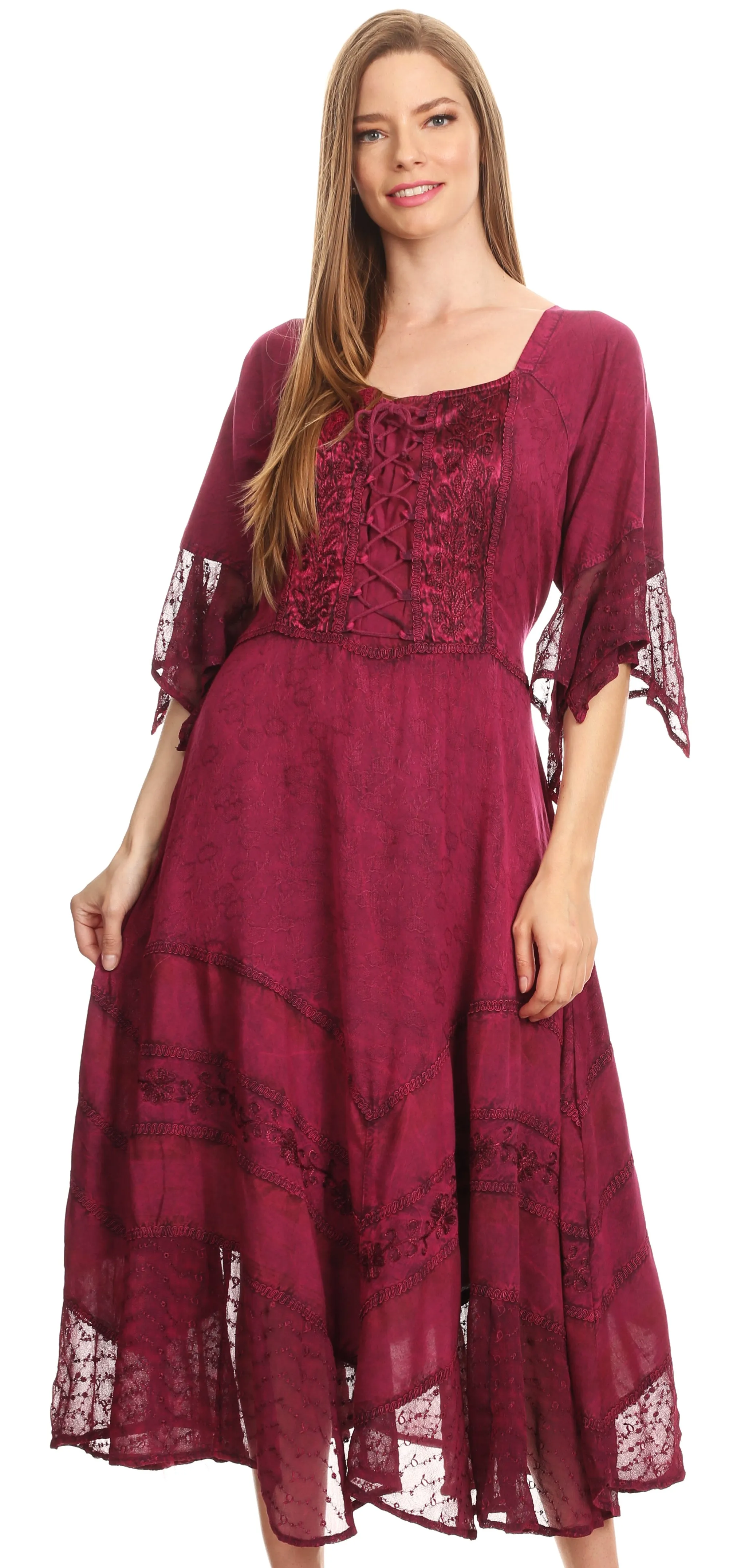 Sakkas Bexley Scoop Neck Bell Sleeve Bohemian Gypsy Embroidered Corset Dress