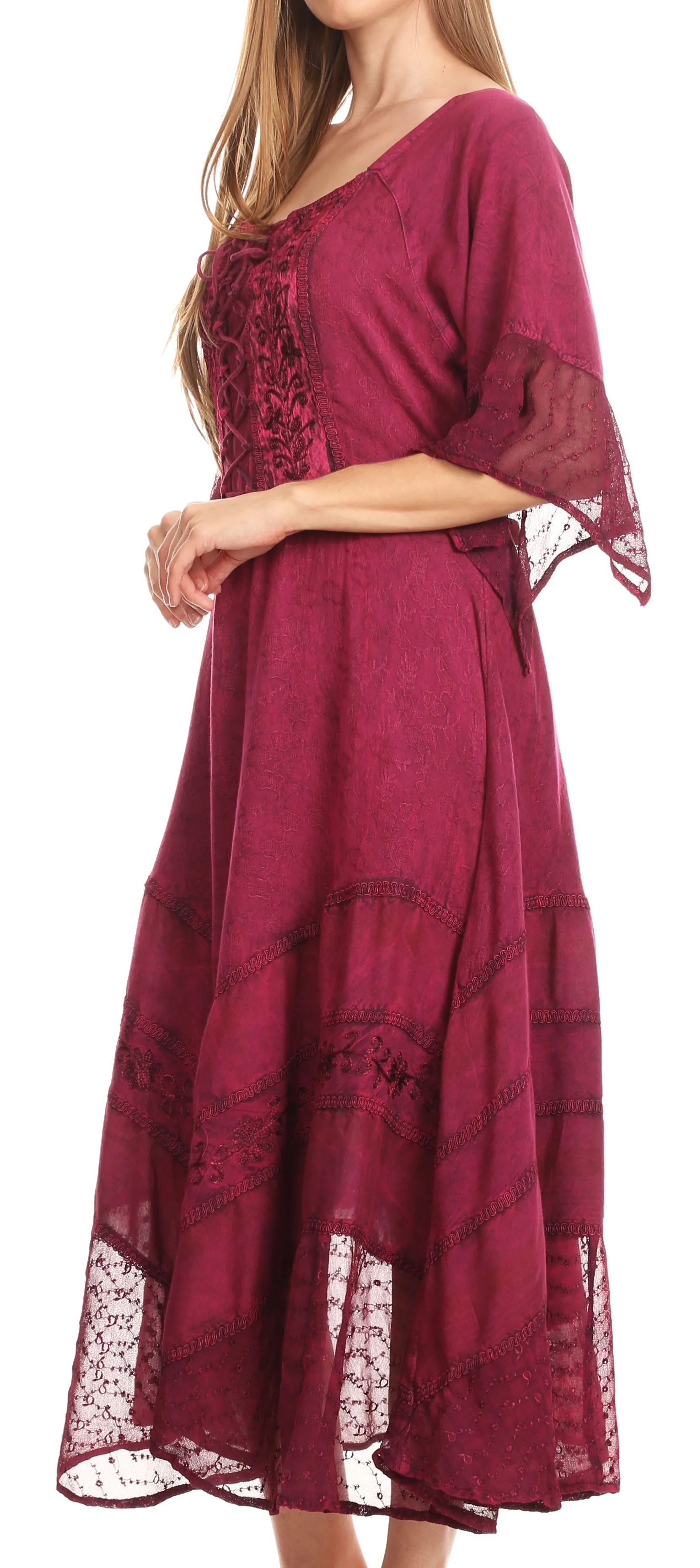 Sakkas Bexley Scoop Neck Bell Sleeve Bohemian Gypsy Embroidered Corset Dress