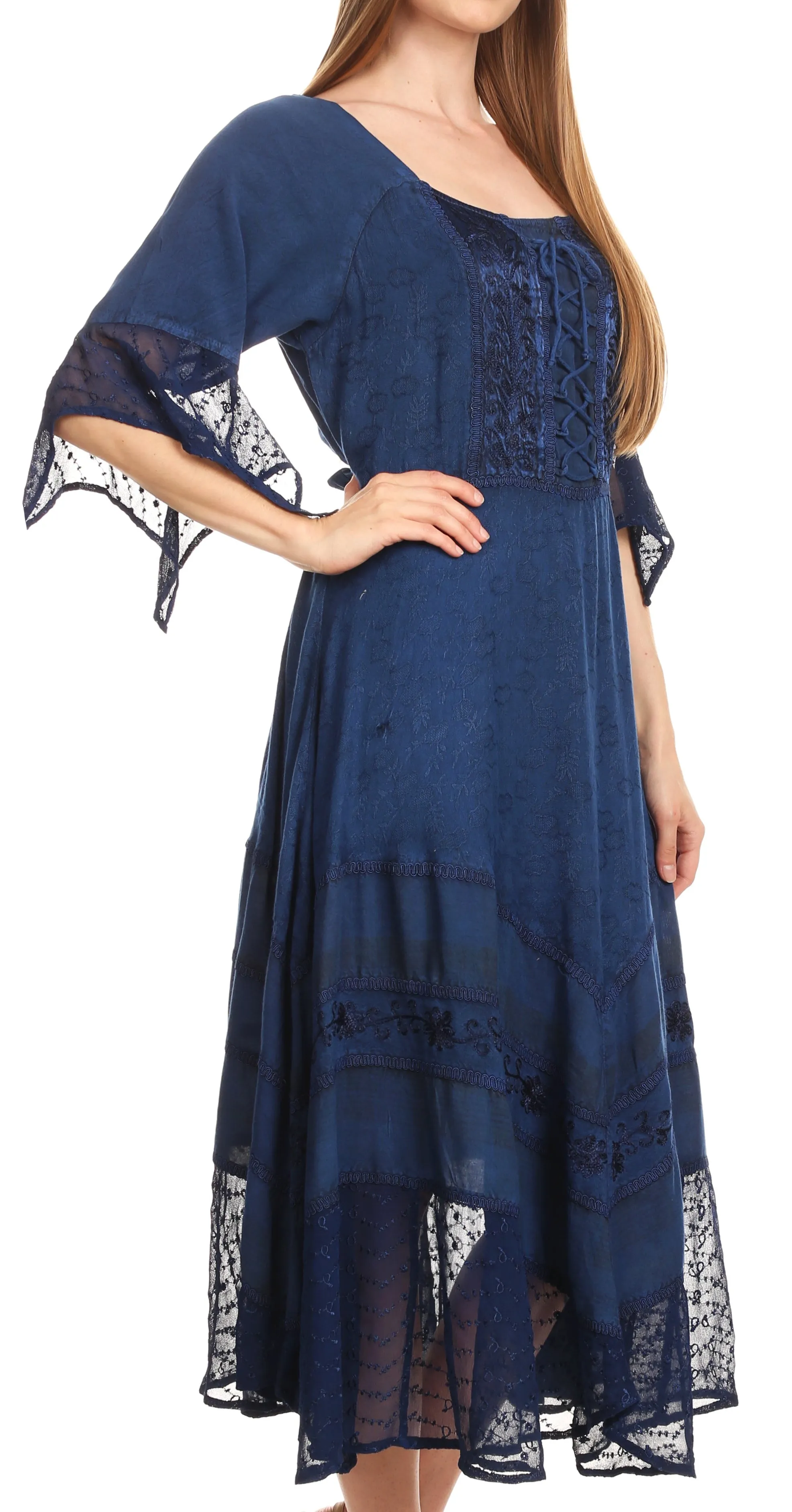 Sakkas Bexley Scoop Neck Bell Sleeve Bohemian Gypsy Embroidered Corset Dress