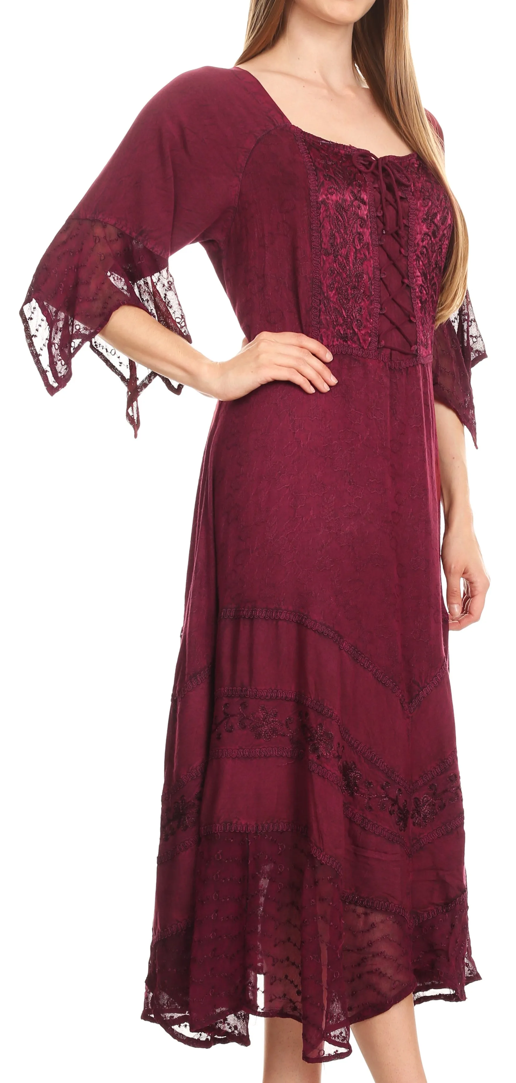 Sakkas Bexley Scoop Neck Bell Sleeve Bohemian Gypsy Embroidered Corset Dress