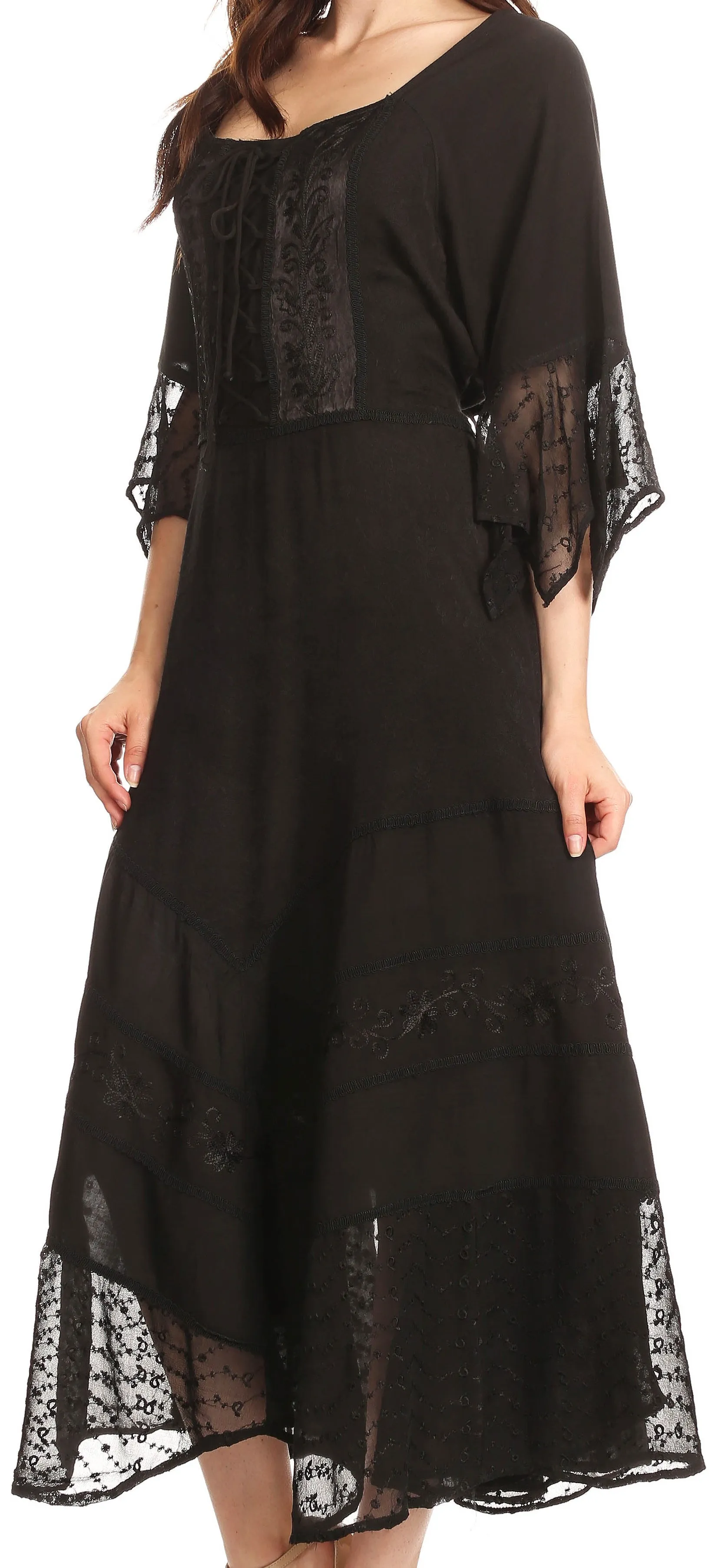 Sakkas Bexley Scoop Neck Bell Sleeve Bohemian Gypsy Embroidered Corset Dress