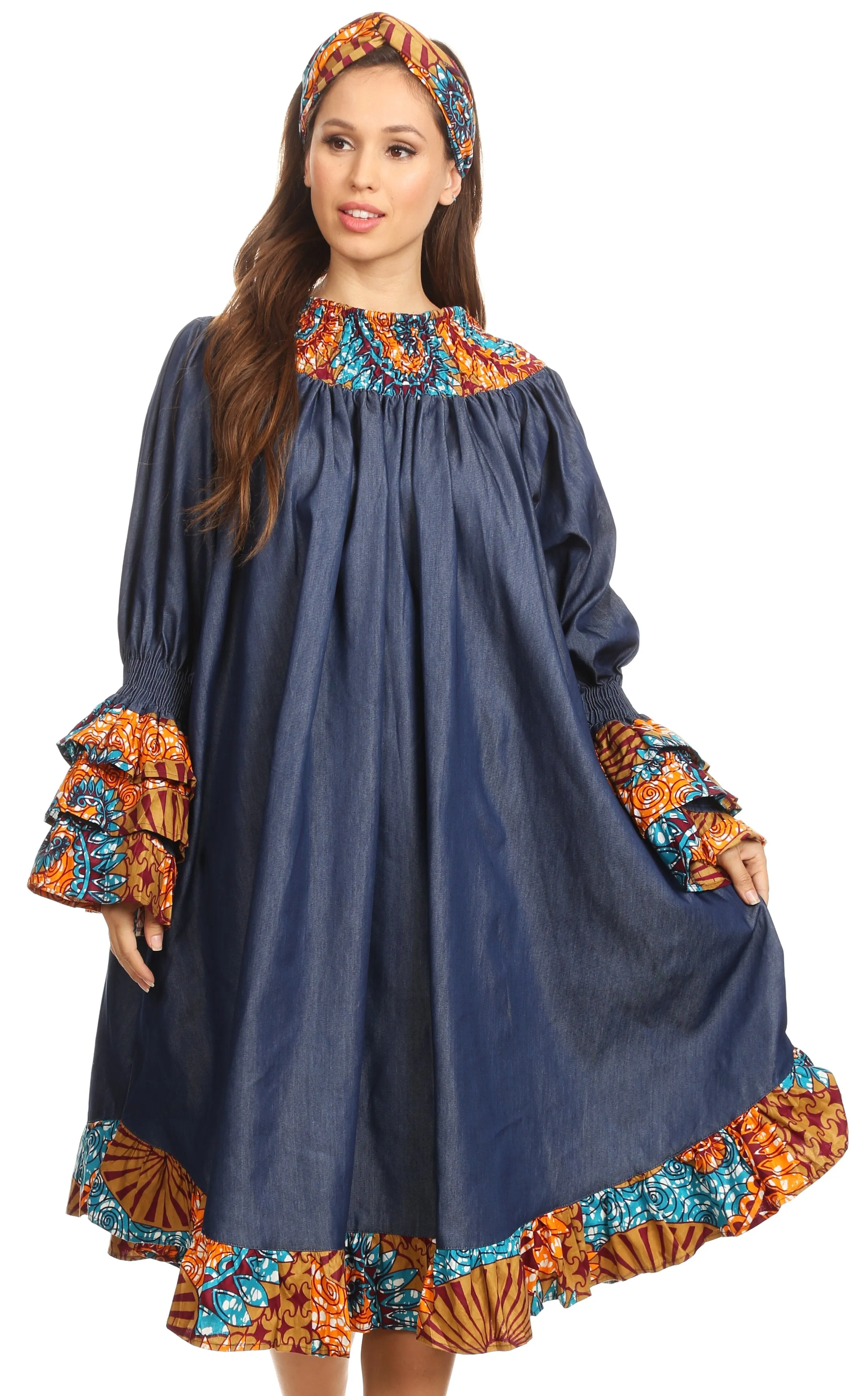 Sakkas Folami Chambray and Ankara Wax Dutch Print Muumuu Dress Relax Fit