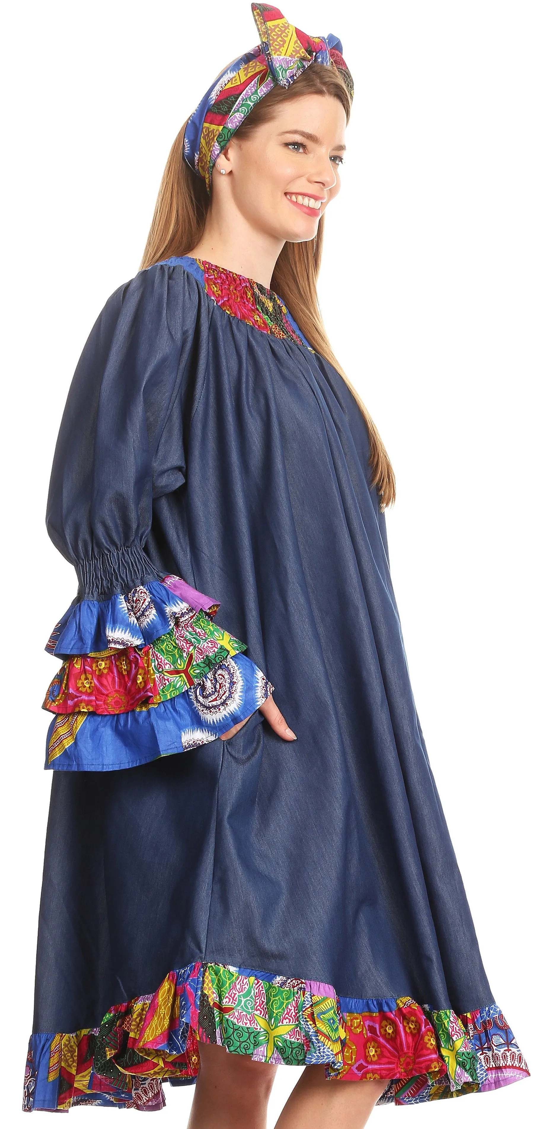 Sakkas Folami Chambray and Ankara Wax Dutch Print Muumuu Dress Relax Fit