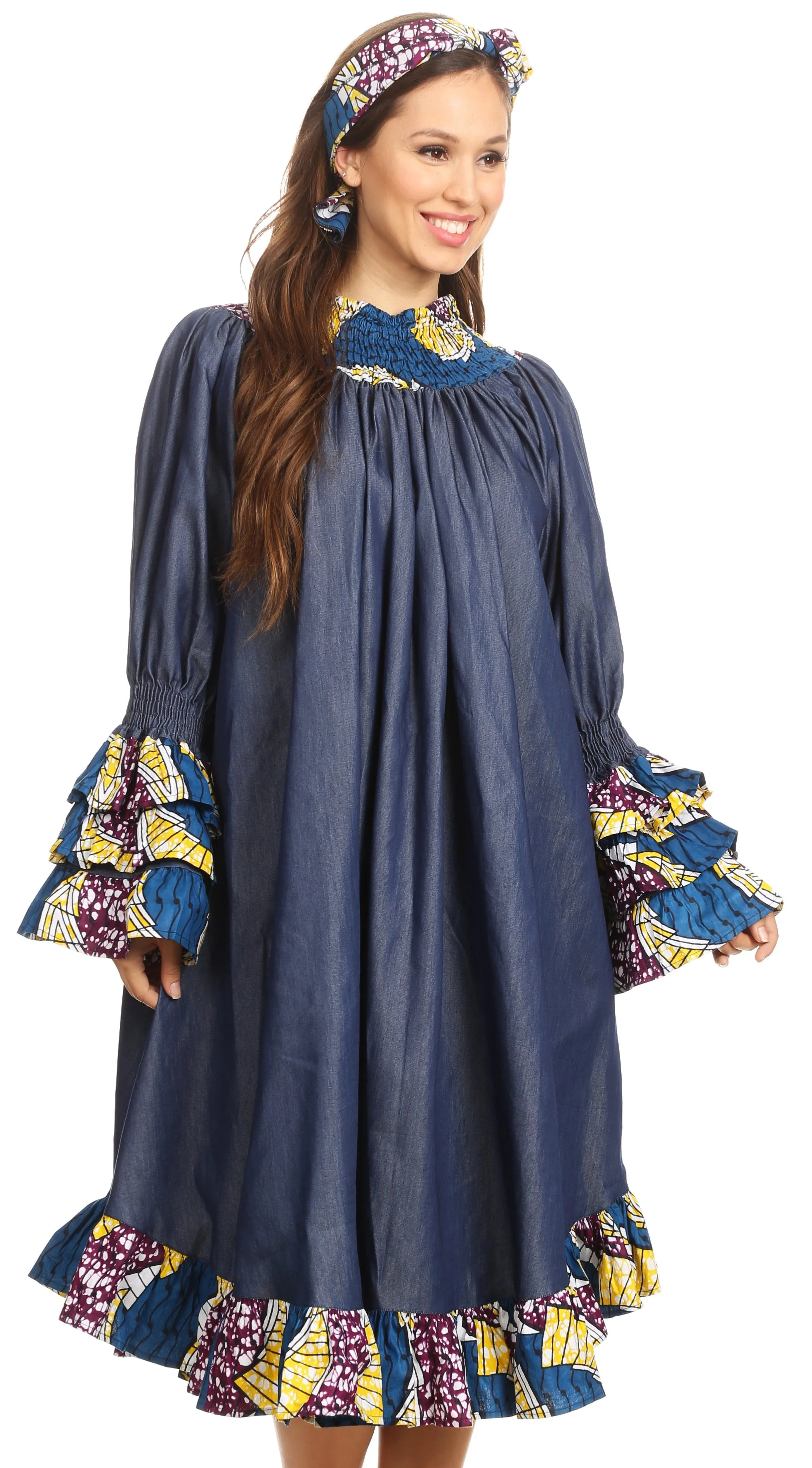 Sakkas Folami Chambray and Ankara Wax Dutch Print Muumuu Dress Relax Fit