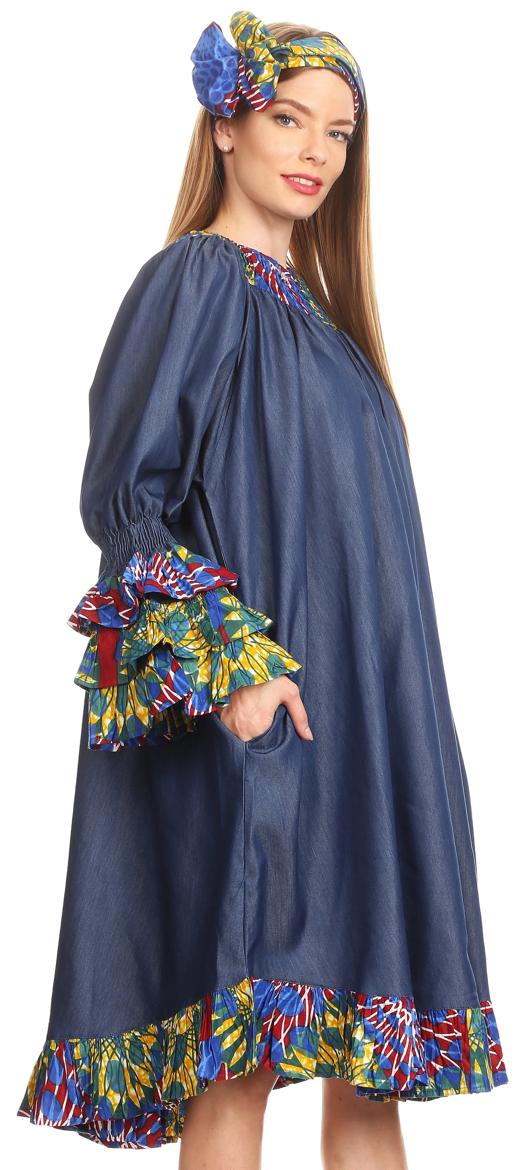 Sakkas Folami Chambray and Ankara Wax Dutch Print Muumuu Dress Relax Fit