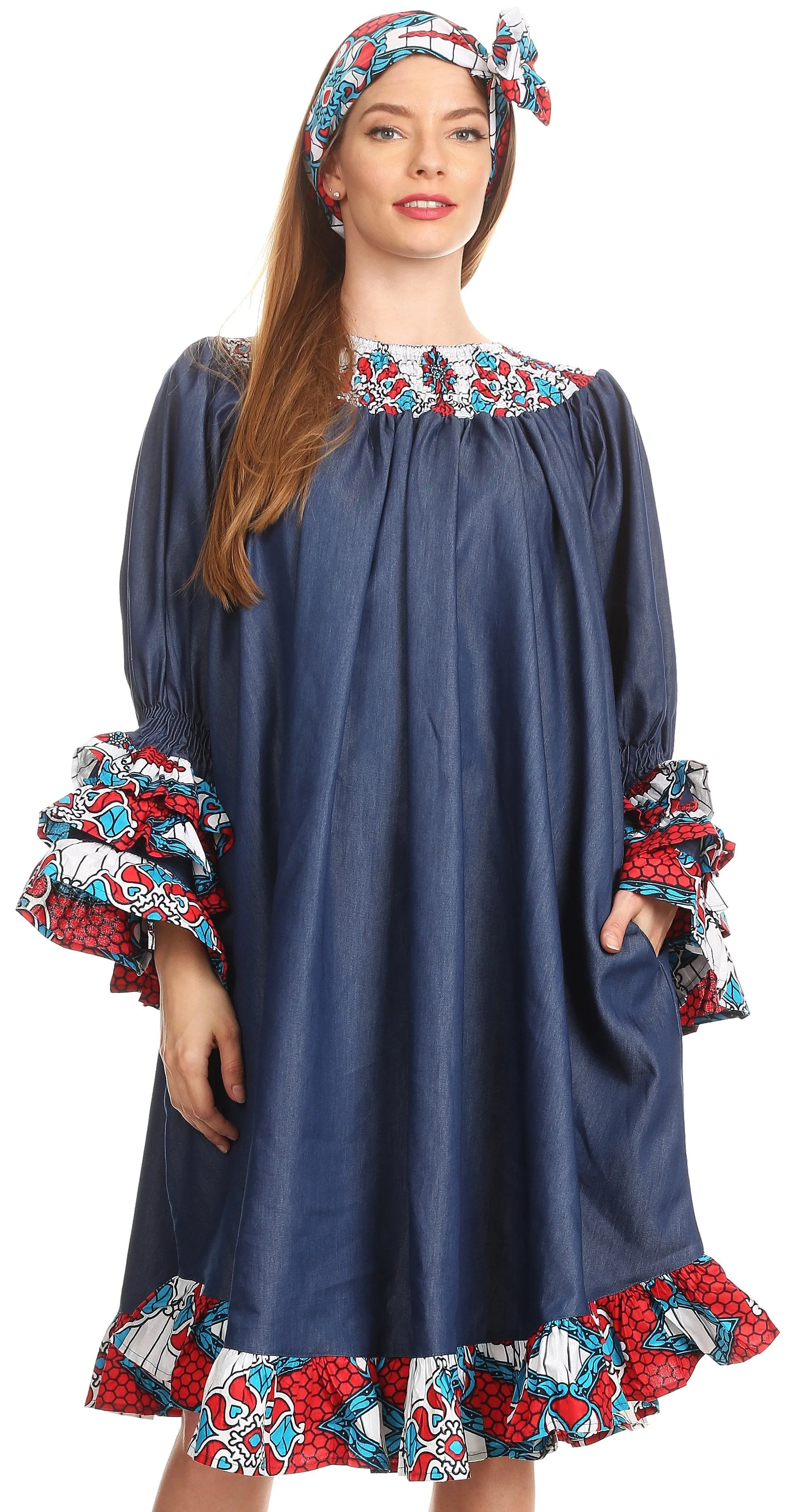 Sakkas Folami Chambray and Ankara Wax Dutch Print Muumuu Dress Relax Fit