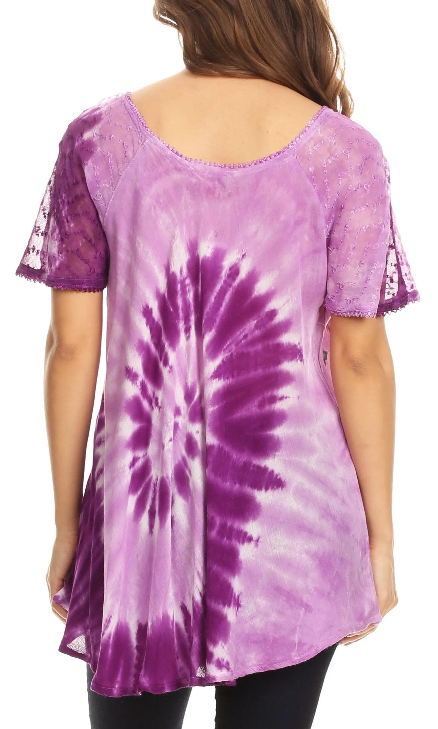 Sakkas Hira Women Short Sleeve Eyelet Lace Blouse Top in Tie-dye with Corset Flowy