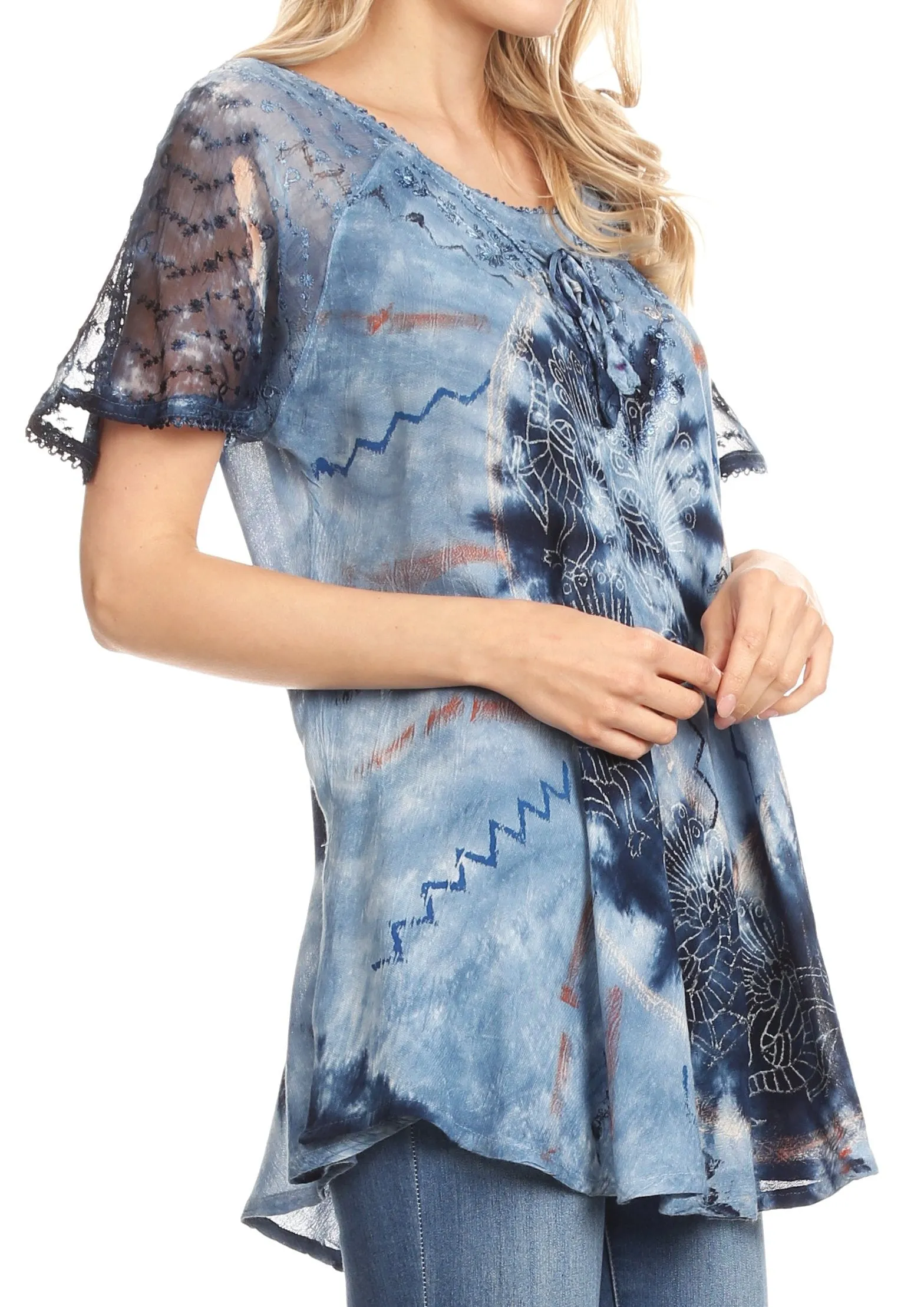 Sakkas Hira Women Short Sleeve Eyelet Lace Blouse Top in Tie-dye with Corset Flowy