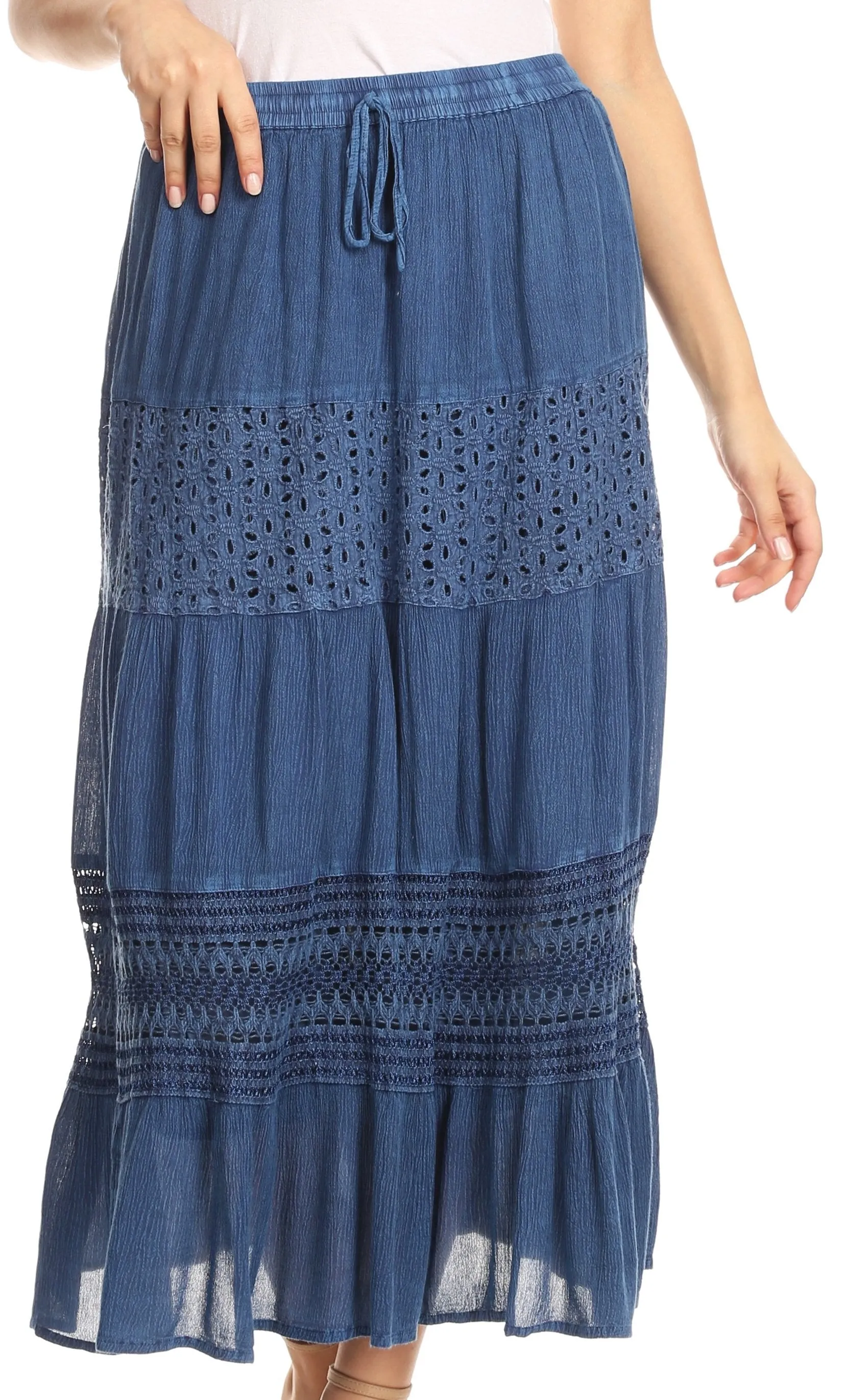 Sakkas Julita Womens Stonewashed Peasant Boho Prairie Midi Skirt with Lace