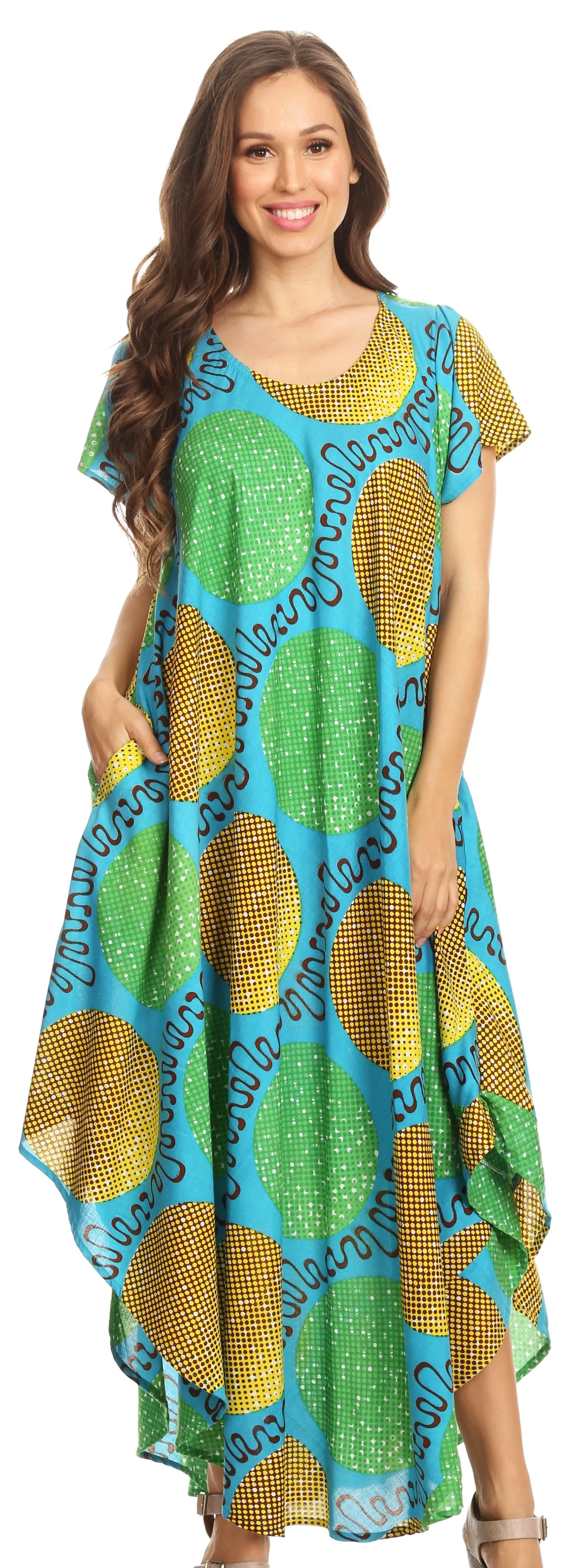 Sakkas Merve Womens Maxi Short Sleeve  Dress High Low on Ankara Print w/Pockets