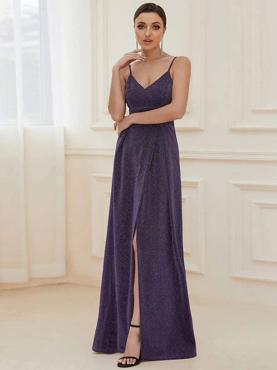 Spaghetti Strap Front Slit Shiny Evening Dress