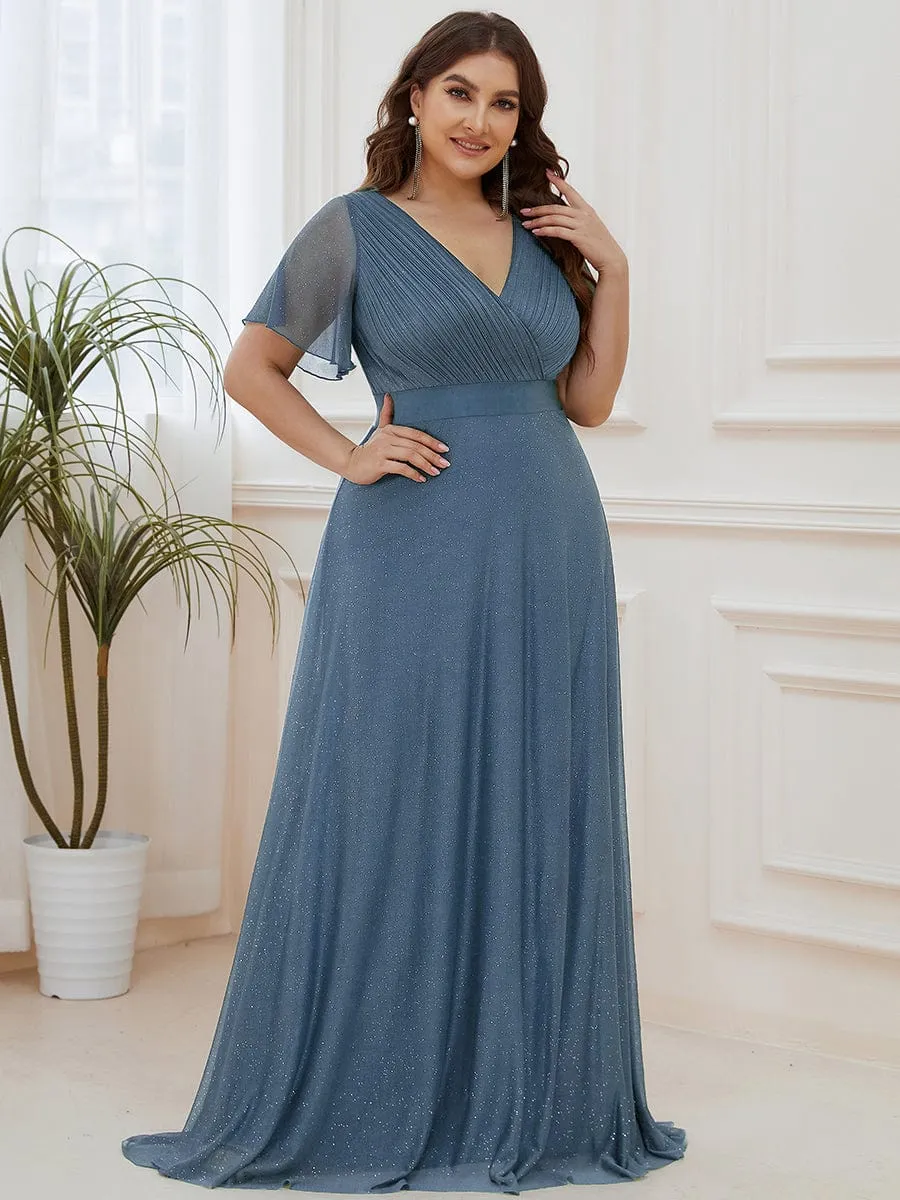 Sparkling Short Sleeve V-Neck Ribbon Waist A-Line Evening Dress