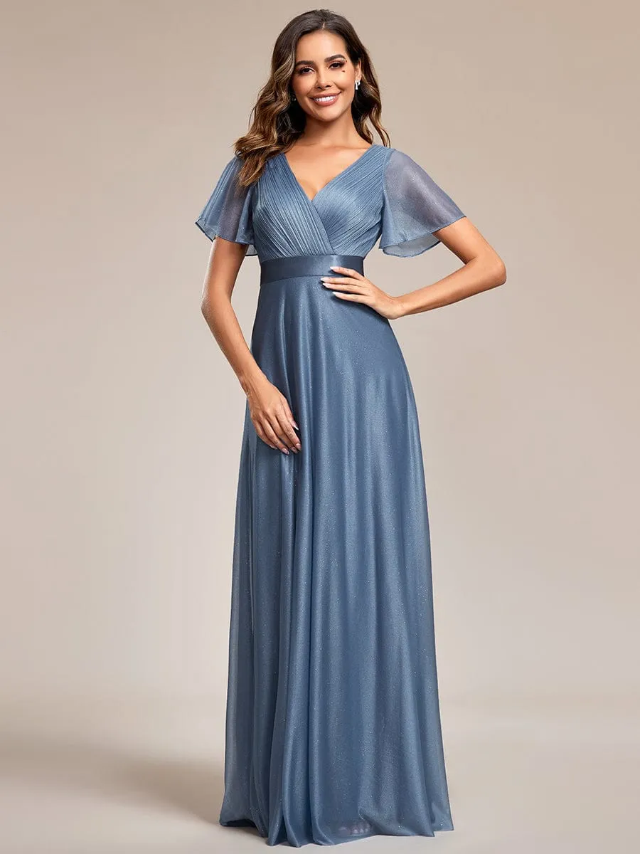 Sparkling Short Sleeve V-Neck Ribbon Waist A-Line Evening Dress