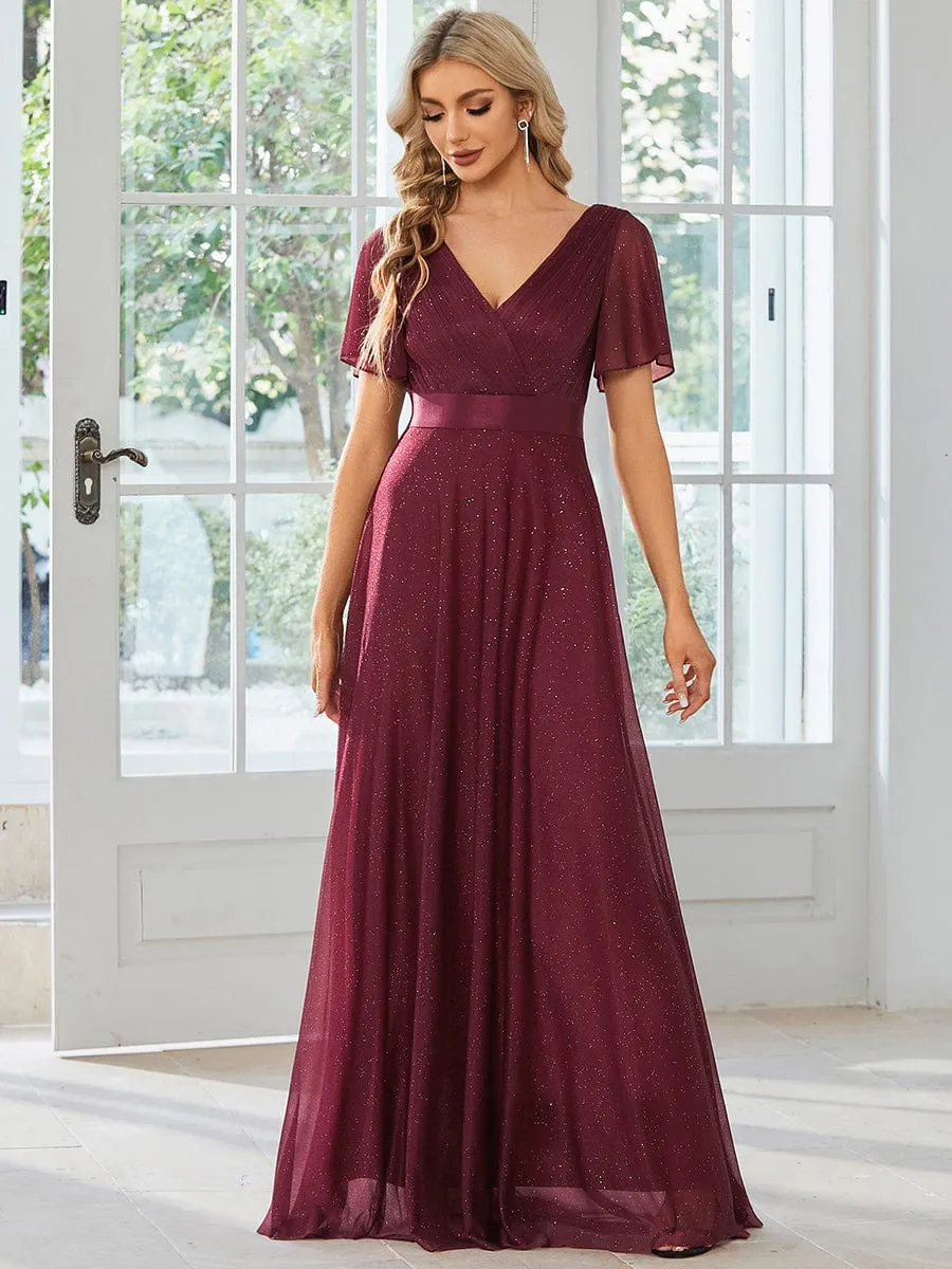 Sparkling Short Sleeve V-Neck Ribbon Waist A-Line Evening Dress