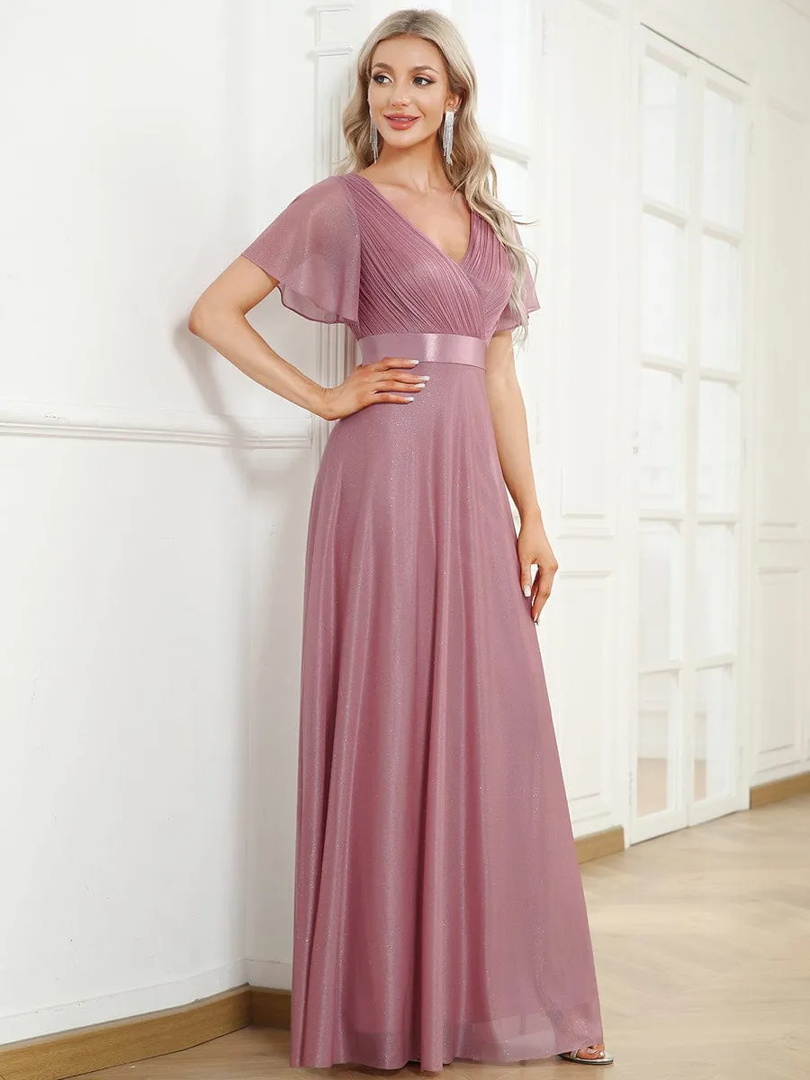 Sparkling Short Sleeve V-Neck Ribbon Waist A-Line Evening Dress