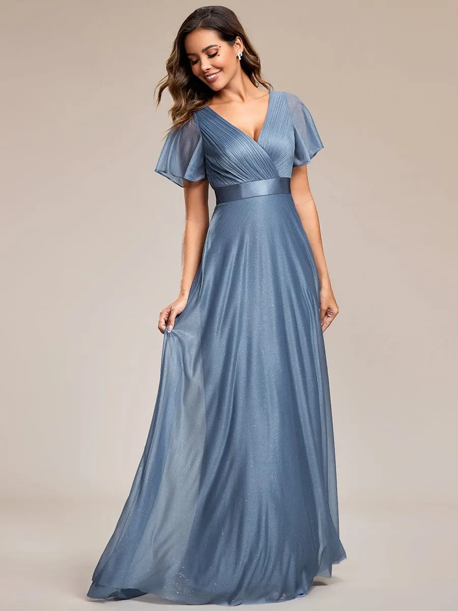 Sparkling Short Sleeve V-Neck Ribbon Waist A-Line Evening Dress