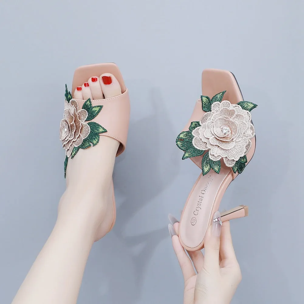 Square Toe Elegant Embroidered Flower Women's Shoes Fish Mouth Shallow Sandals