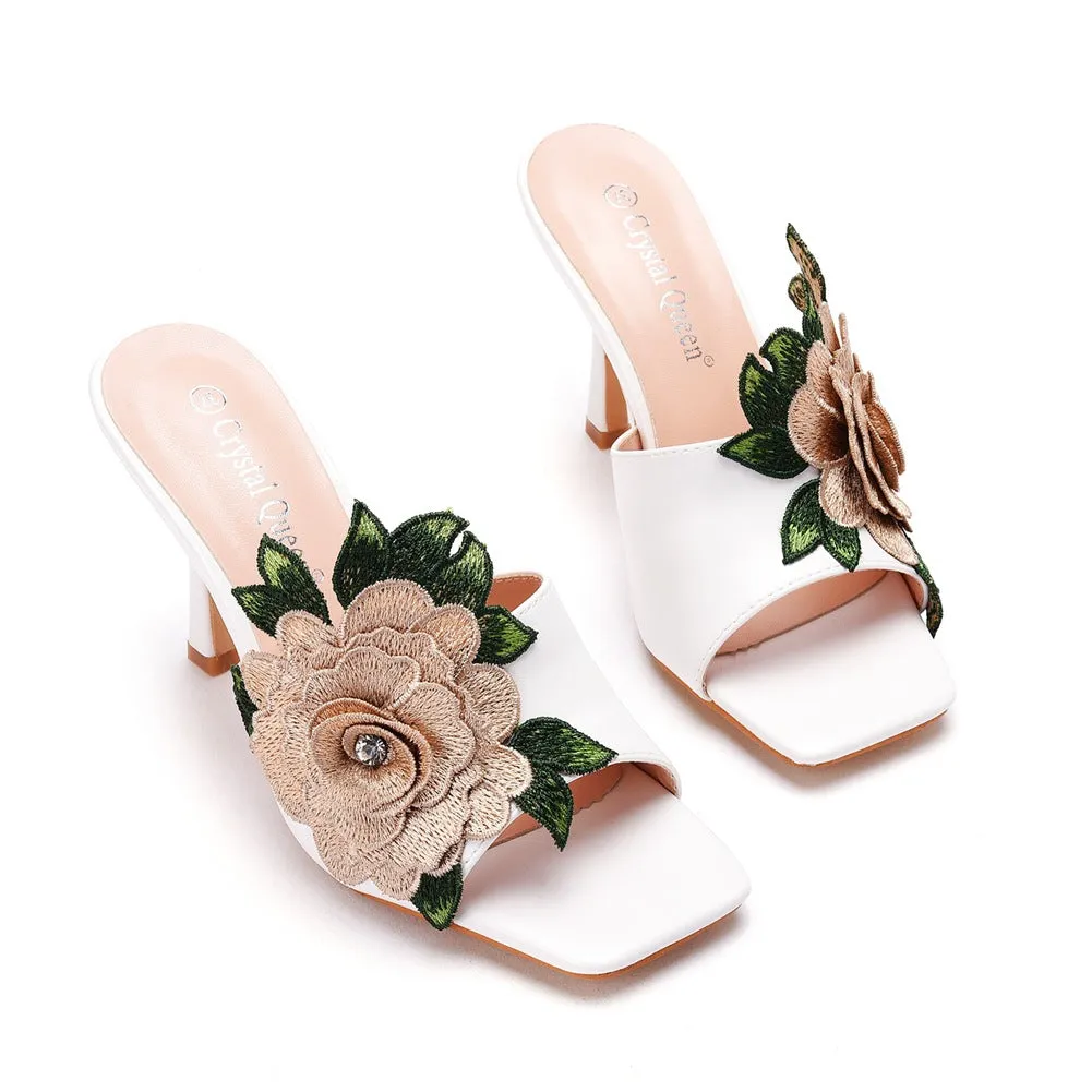 Square Toe Elegant Embroidered Flower Women's Shoes Fish Mouth Shallow Sandals