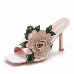 Square Toe Elegant Embroidered Flower Women's Shoes Fish Mouth Shallow Sandals