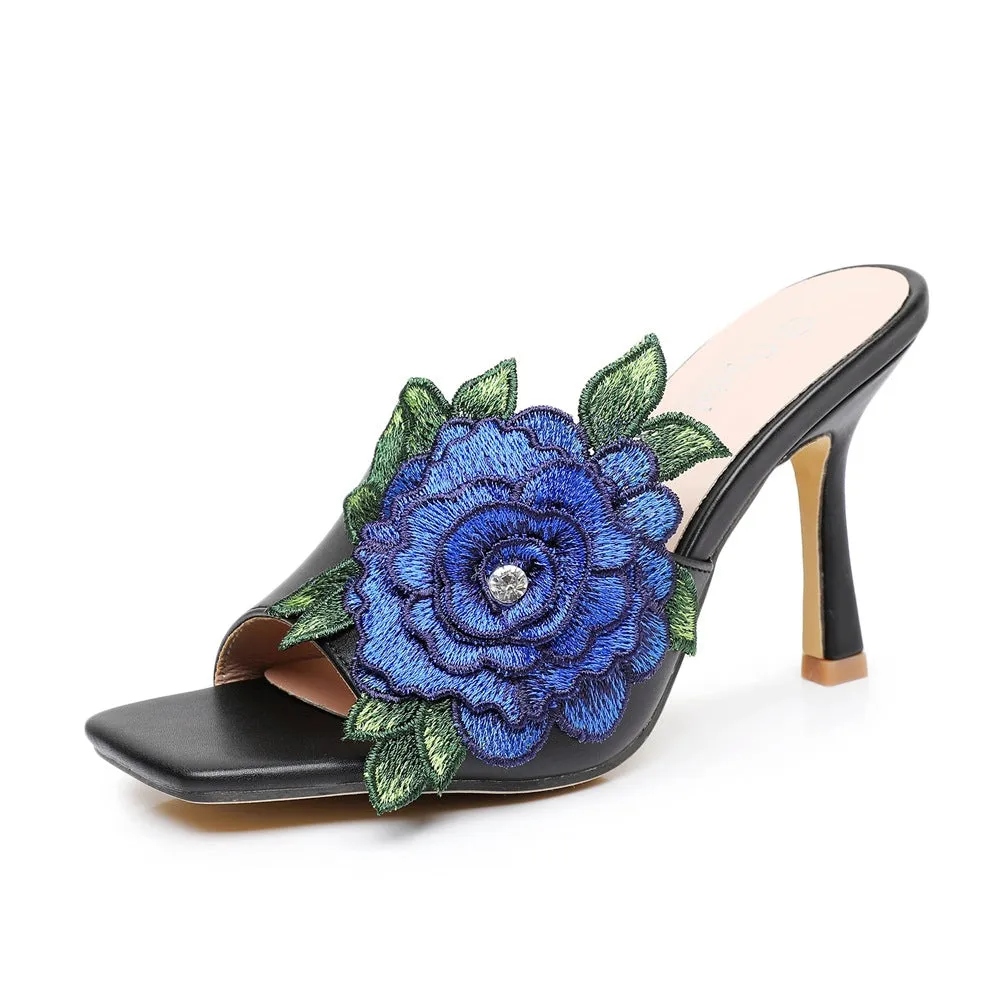 Square Toe Elegant Embroidered Flower Women's Shoes Fish Mouth Shallow Sandals