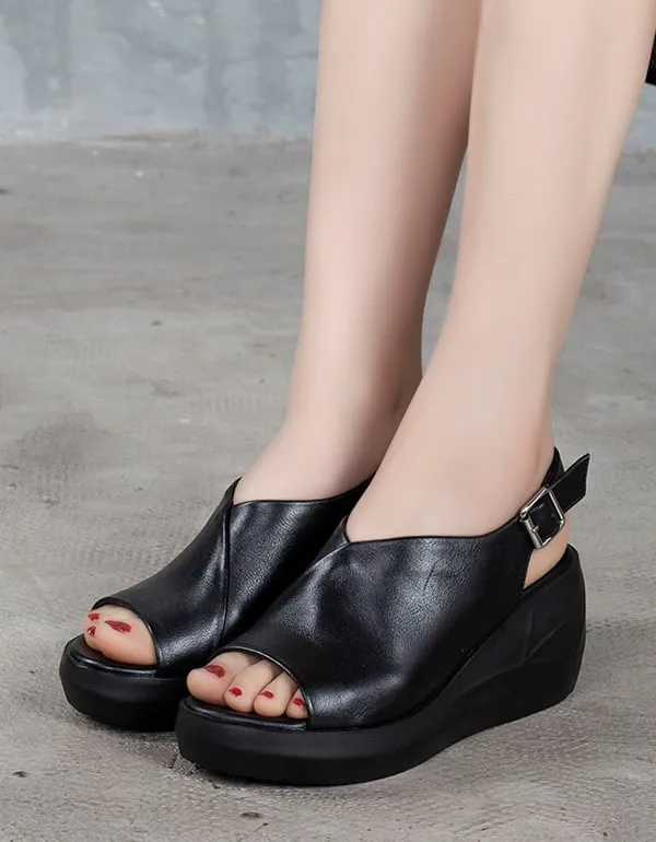 Summer Leather Open Toe Wedge Heel Sandals