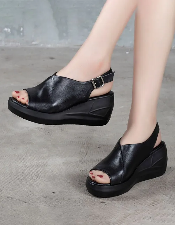 Summer Leather Open Toe Wedge Heel Sandals