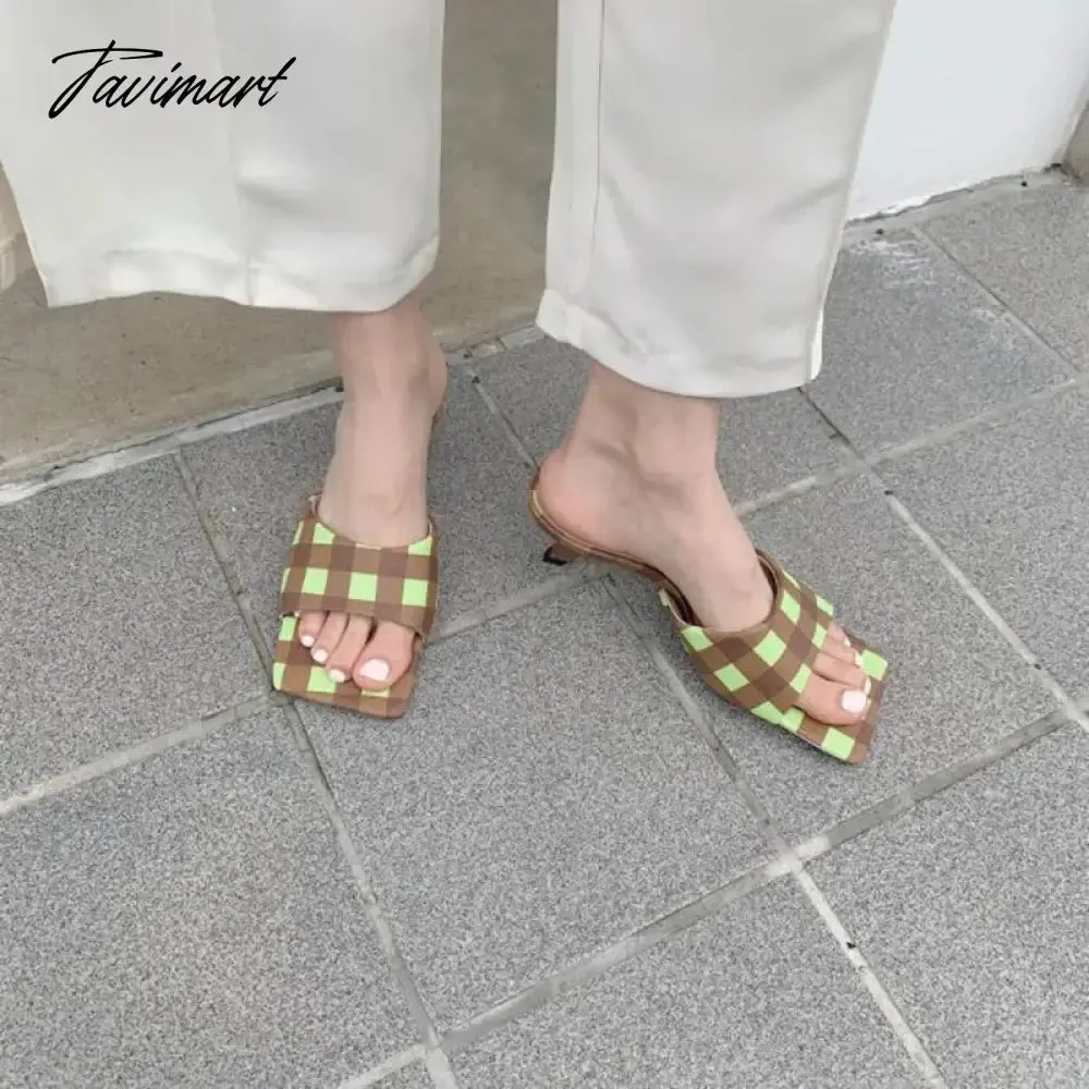 TAVIMART  Summer New Fashion Checkerboard Slippers Women Thin Low Heel Sandals Femmes Elegant Shoes Retro Plaid Casual Dress Slides