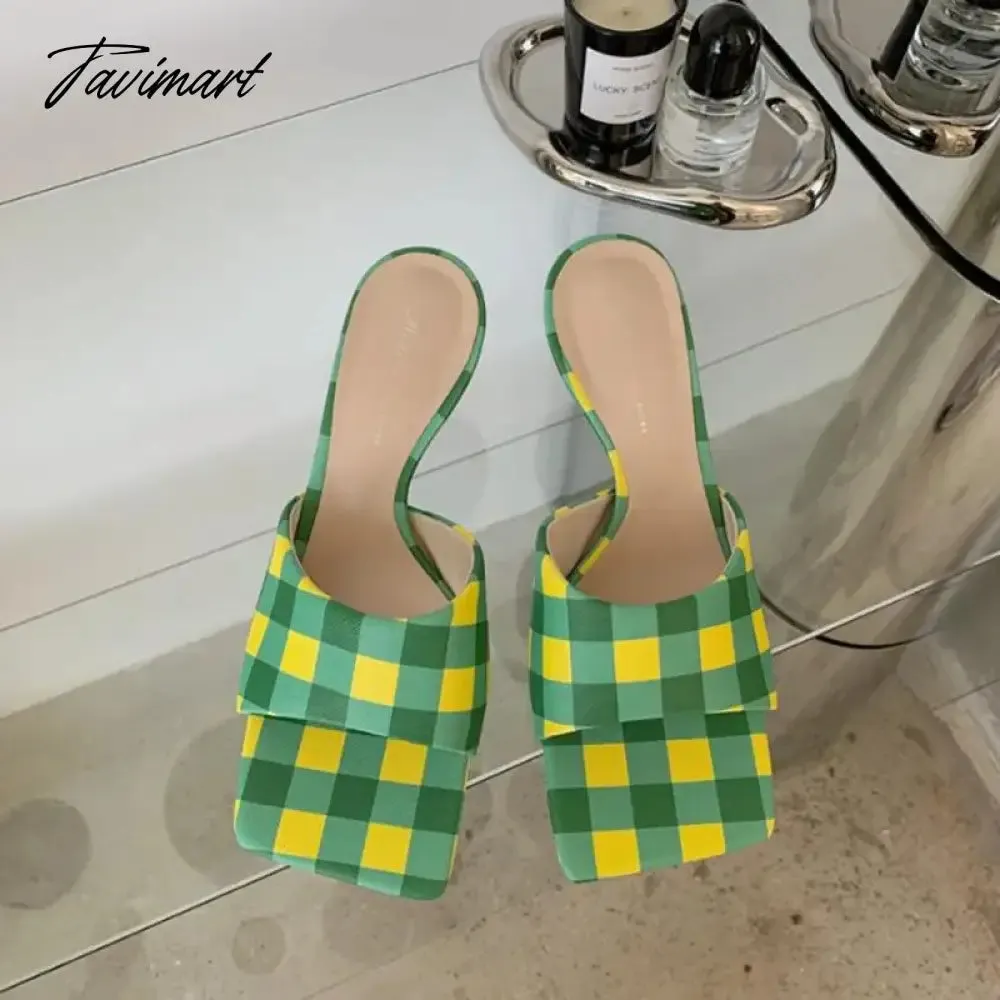 TAVIMART  Summer New Fashion Checkerboard Slippers Women Thin Low Heel Sandals Femmes Elegant Shoes Retro Plaid Casual Dress Slides