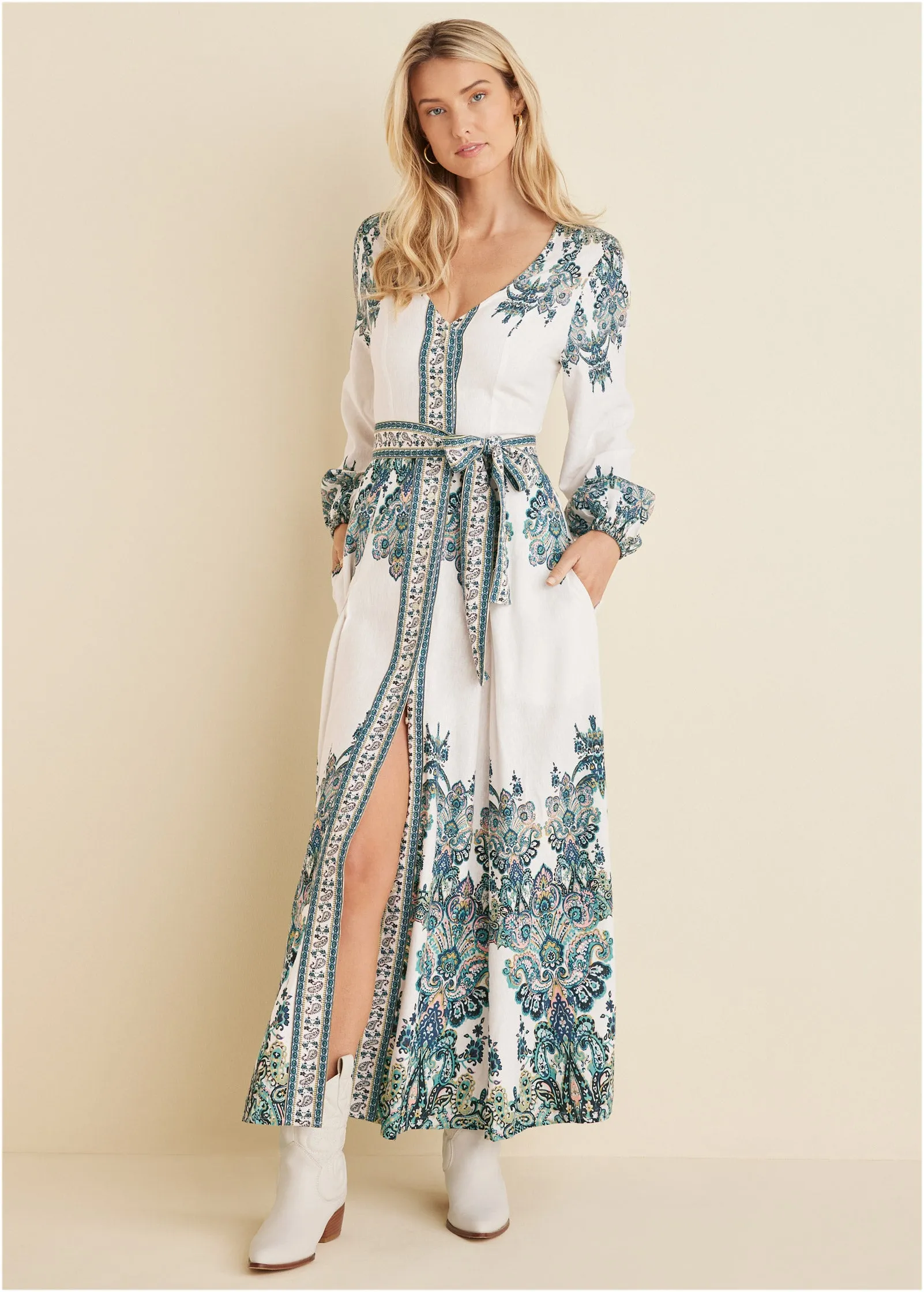 Tie-Waist Maxi Dress - White Multi