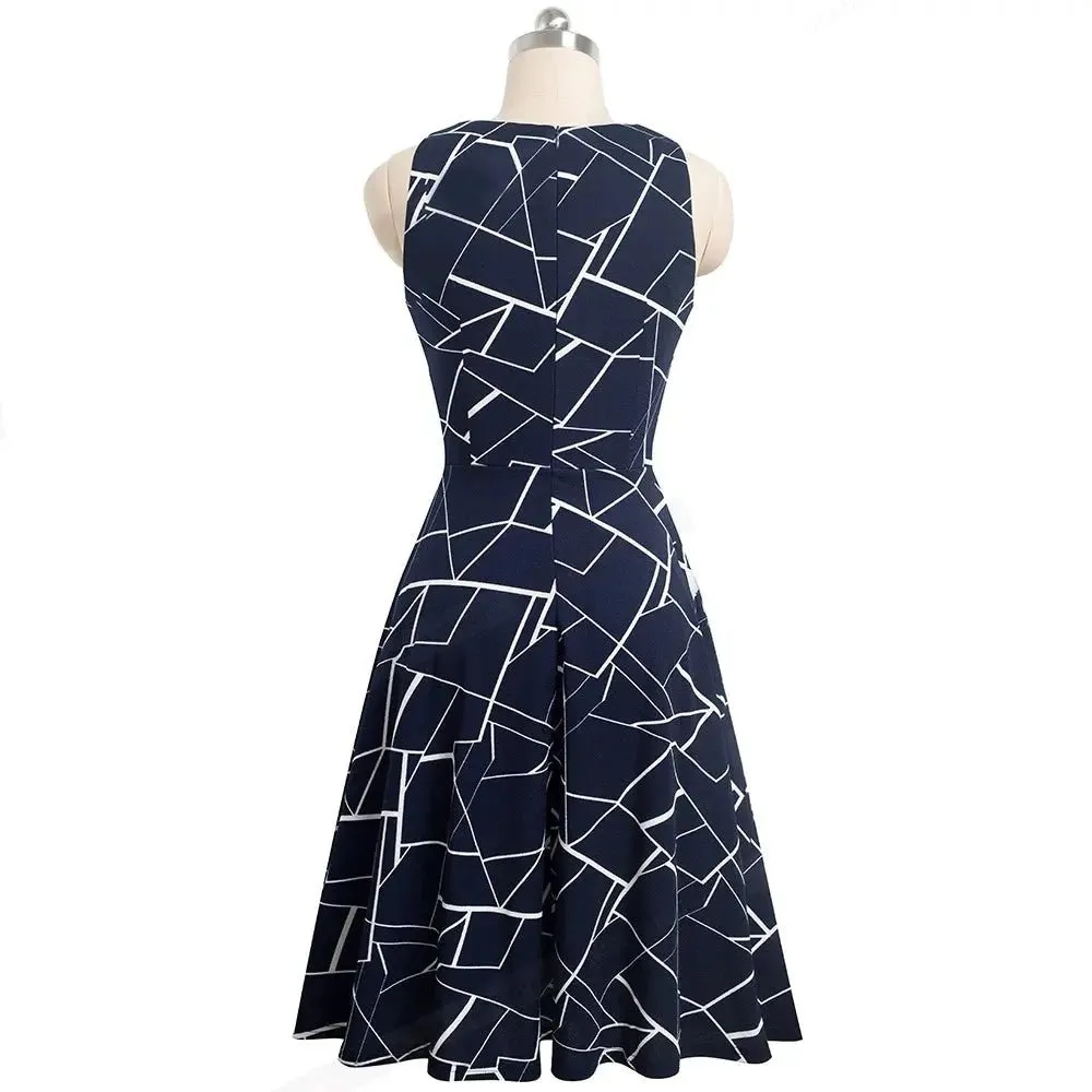 Vintage Dark Blue Elegant Floral Swing Dress