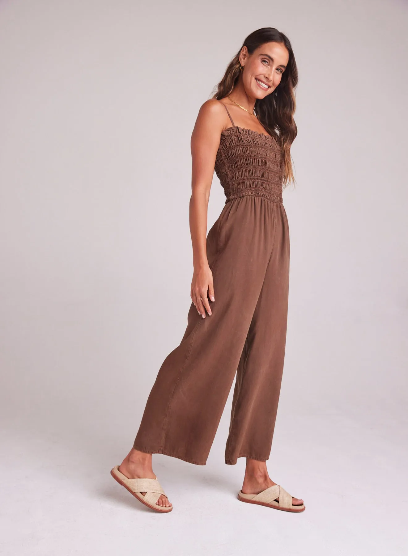 Wide Leg Smocked Ruffle Jumpsuit - Botanical Brown