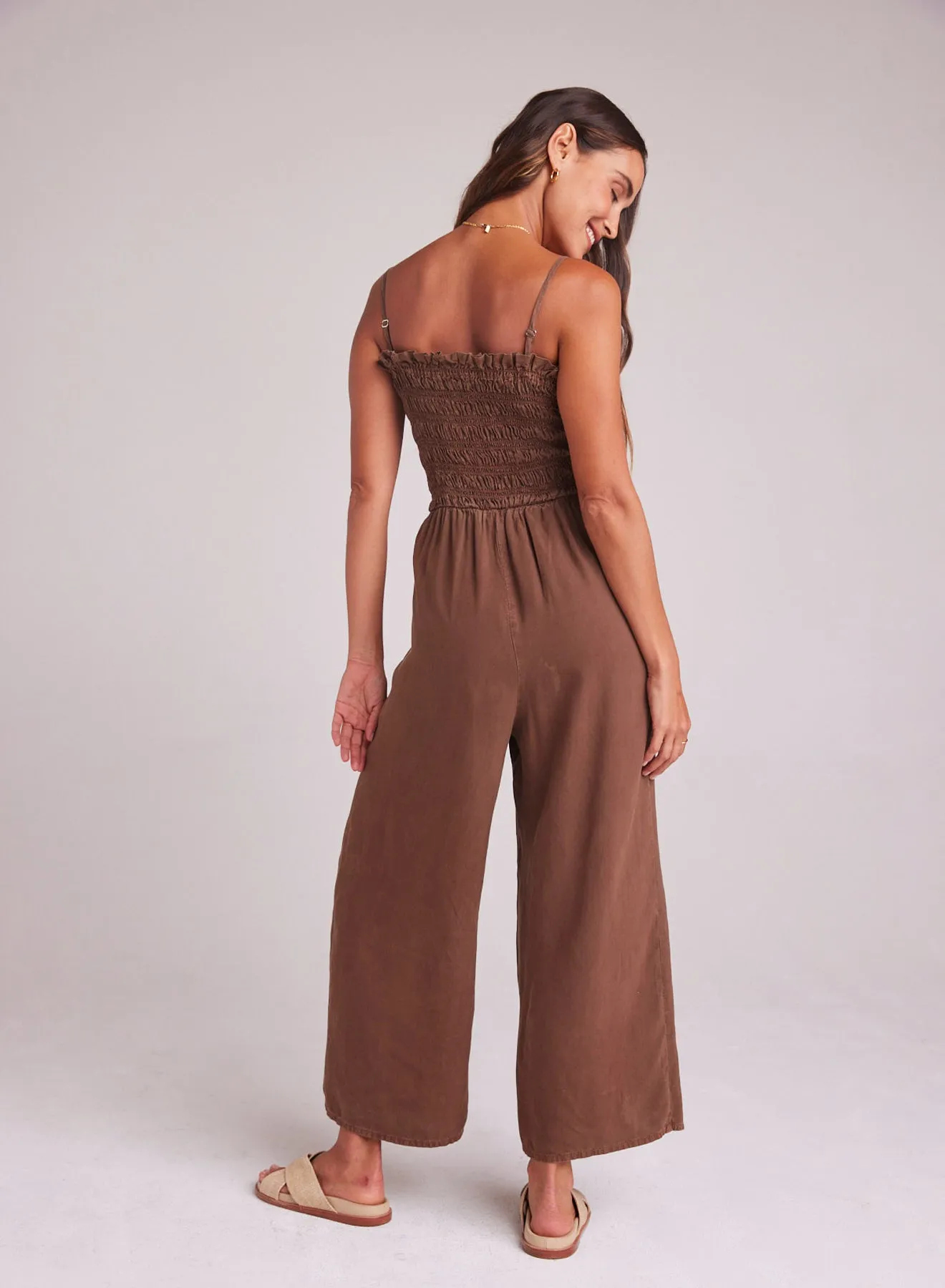 Wide Leg Smocked Ruffle Jumpsuit - Botanical Brown