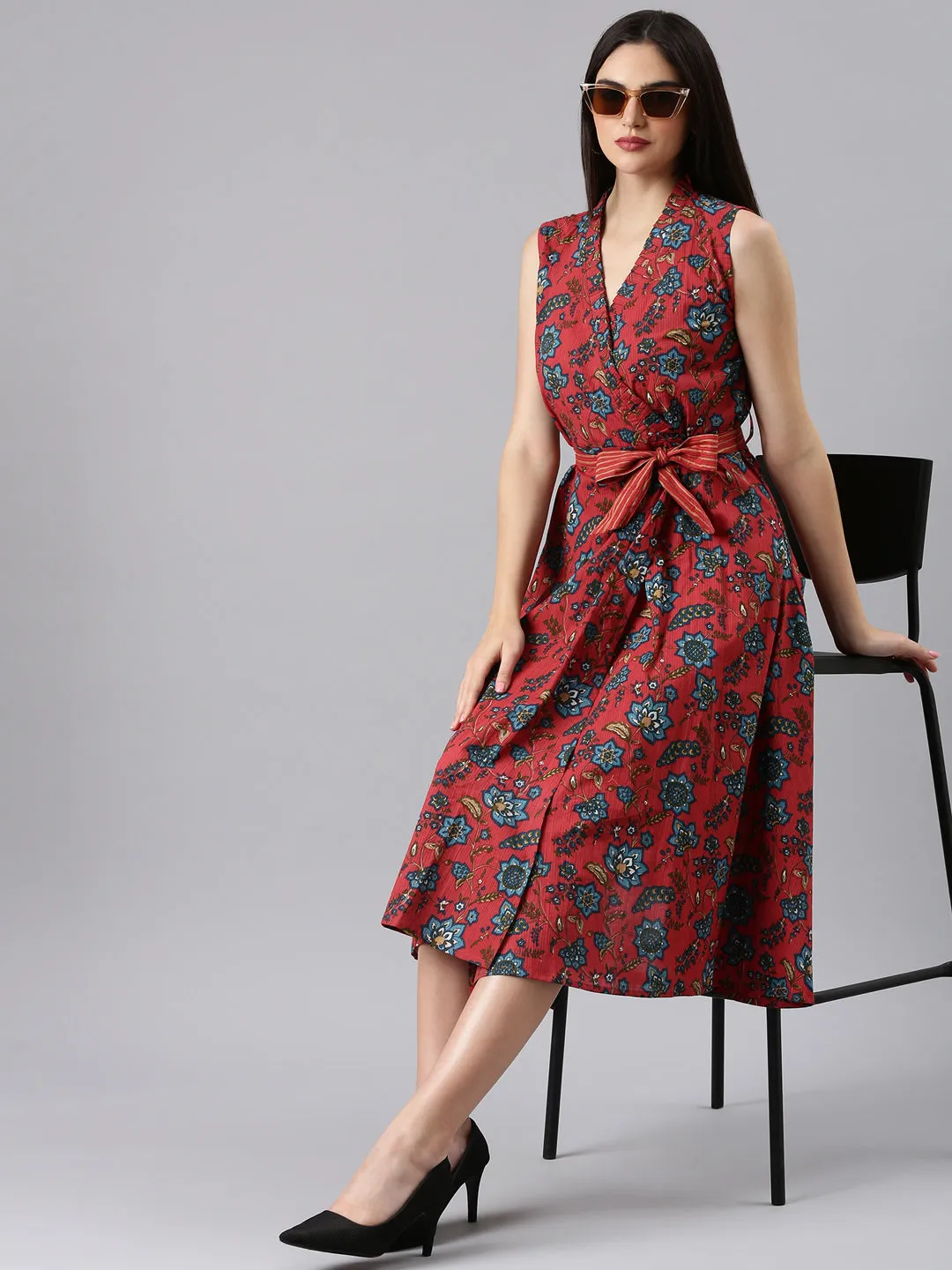 Women Fuchsia Floral Wrap Dress