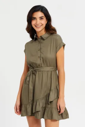 Women Olive Collared Dress