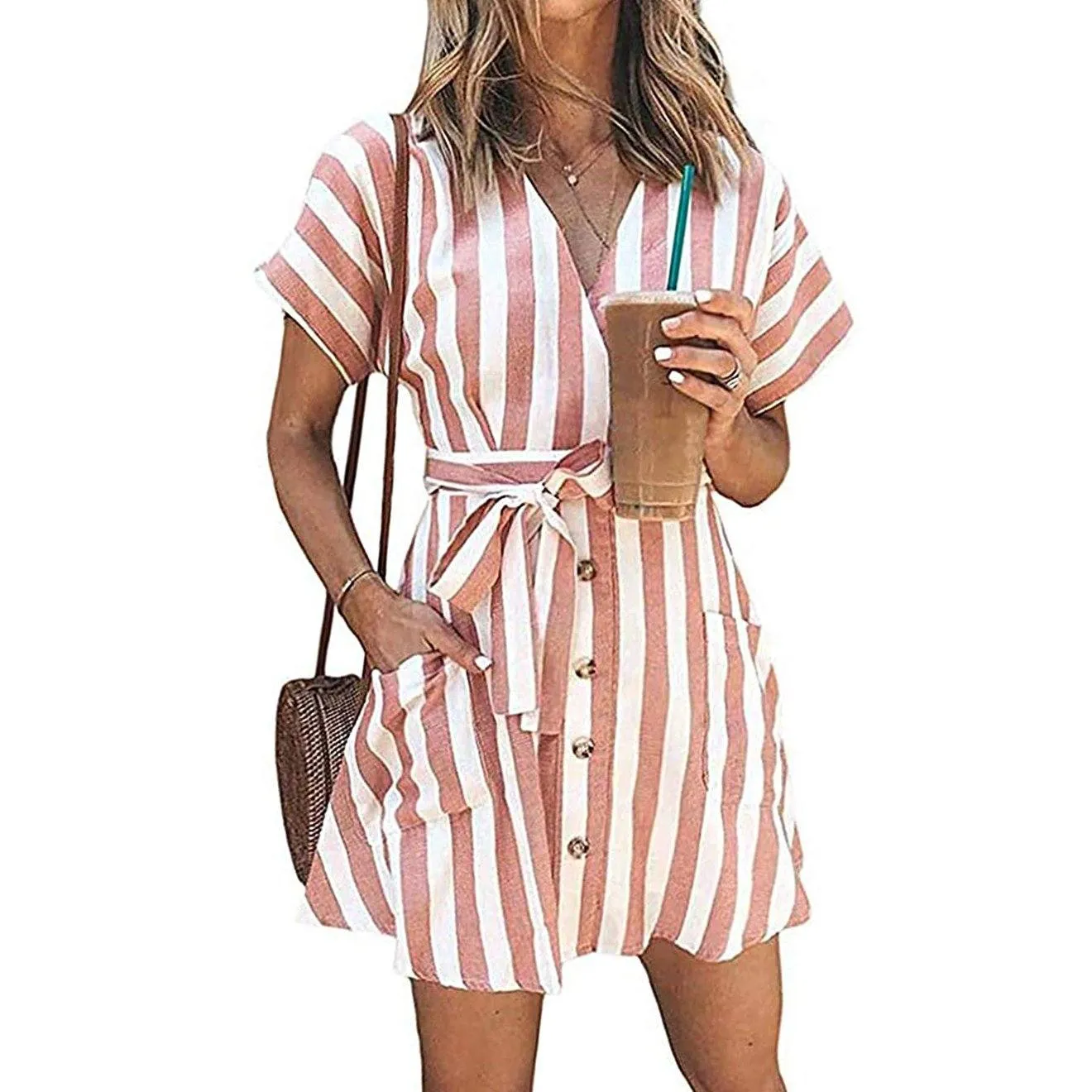 Womens Stripe Short Sleeve Wrap V Neck Button Front Tie Belted Dress