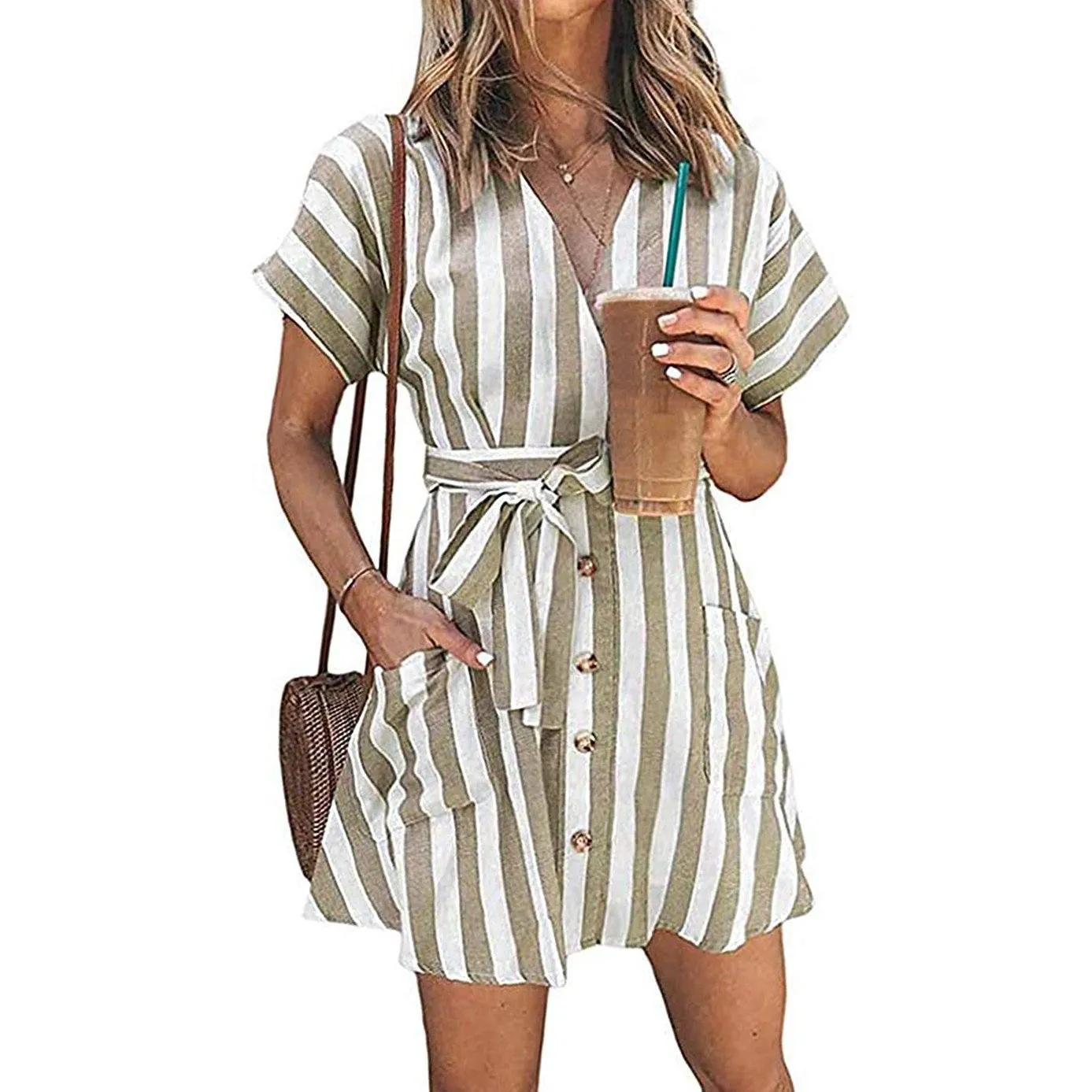 Womens Stripe Short Sleeve Wrap V Neck Button Front Tie Belted Dress