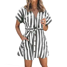 Womens Stripe Short Sleeve Wrap V Neck Button Front Tie Belted Dress