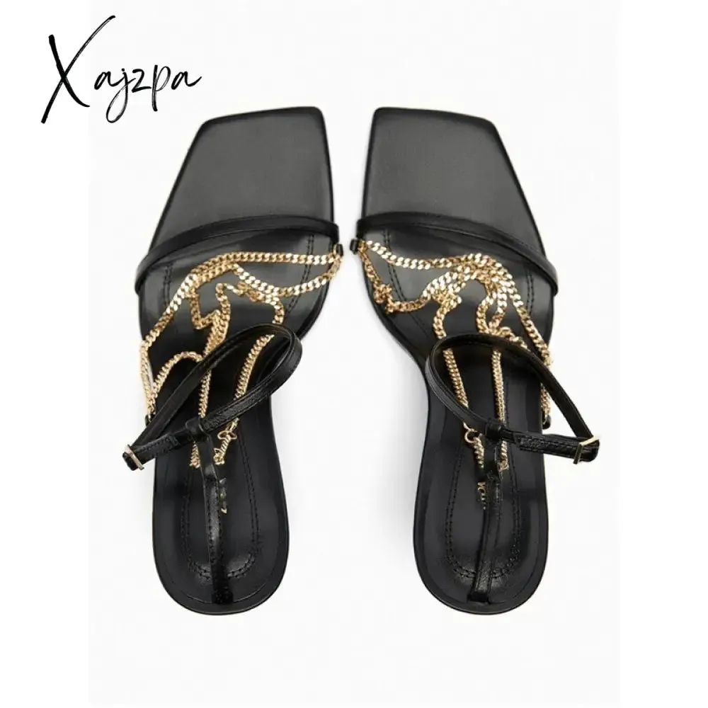 Xajzpa ZA Fashion Shoes Woman's Sandals 2023 Elegant Thin Heeled Sandals Female Sexy High Heels Sandals Ladies Metal Chain Summer Shoes