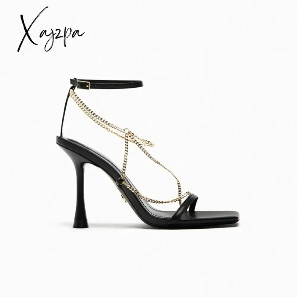 Xajzpa ZA Fashion Shoes Woman's Sandals 2023 Elegant Thin Heeled Sandals Female Sexy High Heels Sandals Ladies Metal Chain Summer Shoes