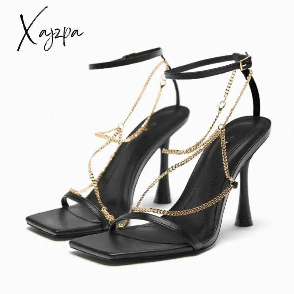 Xajzpa ZA Fashion Shoes Woman's Sandals 2023 Elegant Thin Heeled Sandals Female Sexy High Heels Sandals Ladies Metal Chain Summer Shoes