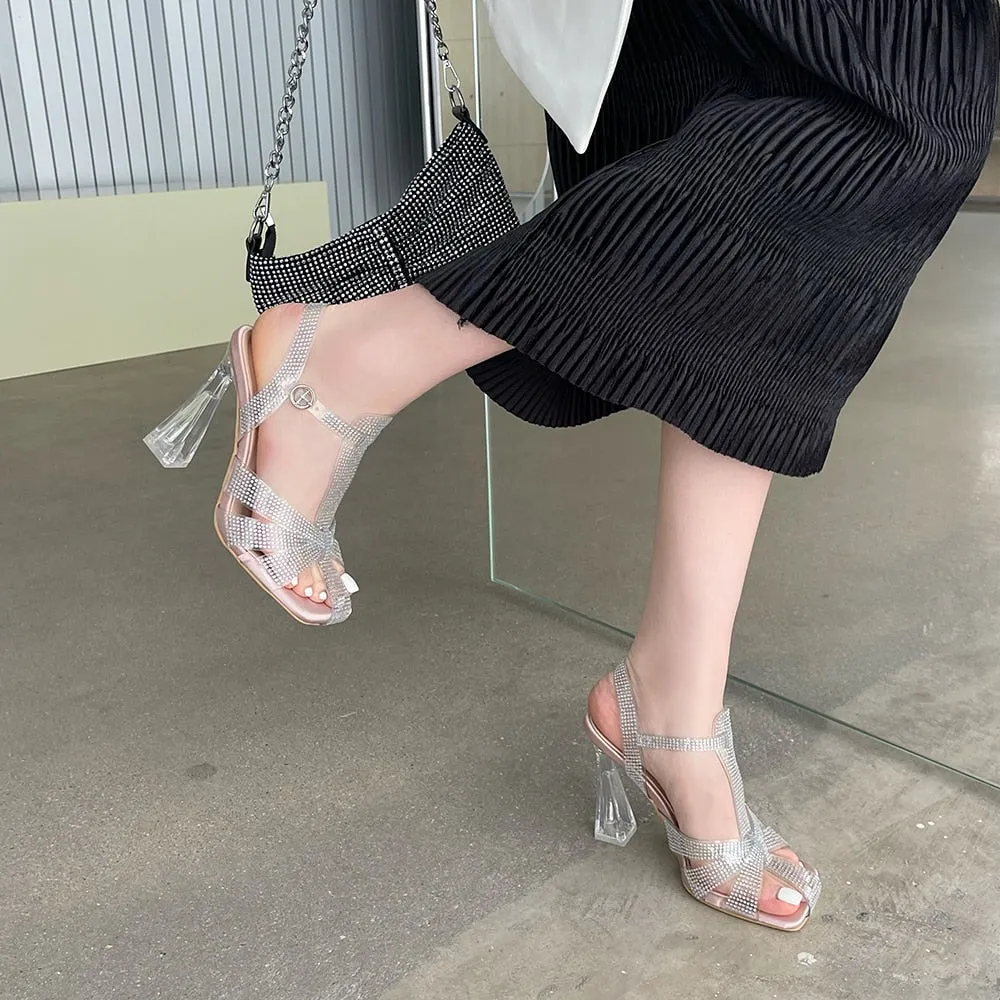 xiangtuibao Square Toe Women Sandals Party Pumps Transparent Dress Shoes Clear High Heels Party Pumps Dress Shoes Woman Big Size 35-41