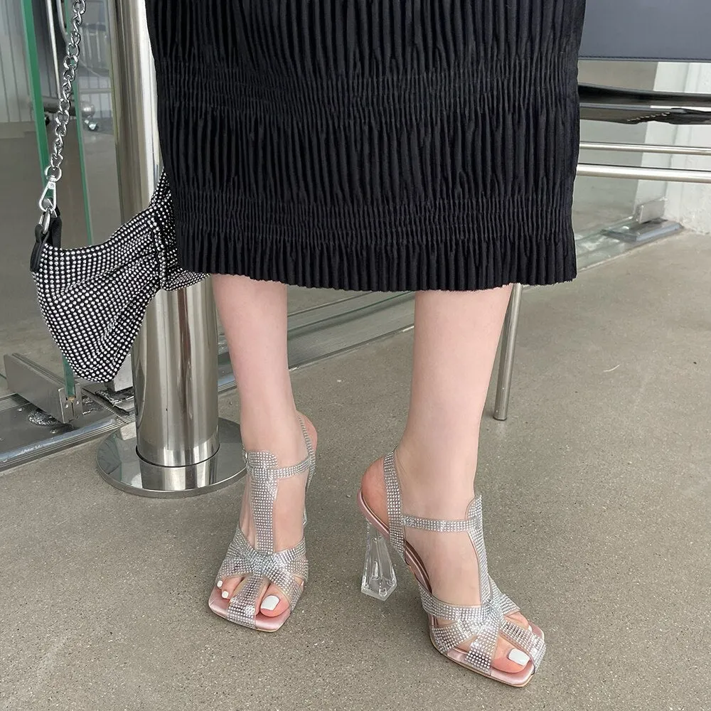 xiangtuibao Square Toe Women Sandals Party Pumps Transparent Dress Shoes Clear High Heels Party Pumps Dress Shoes Woman Big Size 35-41