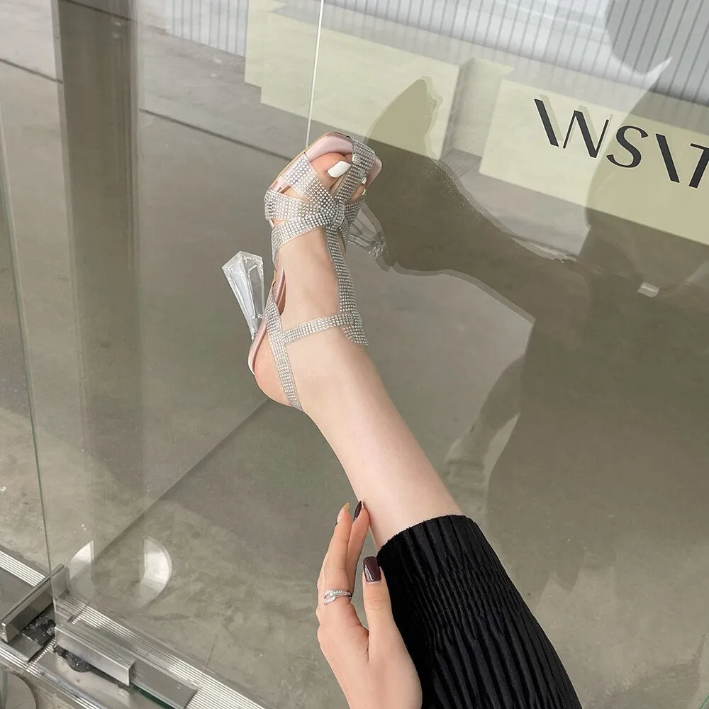 xiangtuibao Square Toe Women Sandals Party Pumps Transparent Dress Shoes Clear High Heels Party Pumps Dress Shoes Woman Big Size 35-41